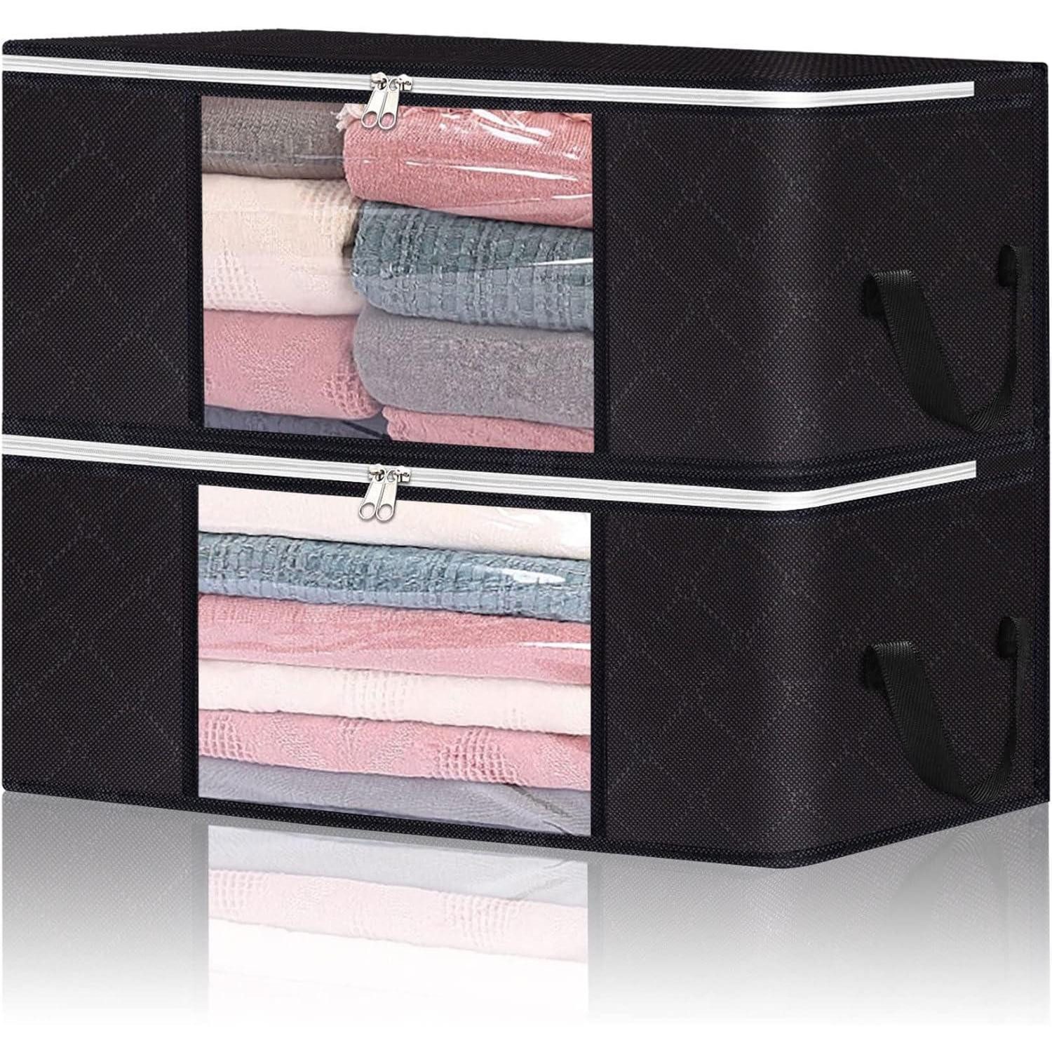 LuxusKollektion Unterbettkommode Aufbewahrungstasche 35L Faltbar Fenster Schwarz 2 Packungen