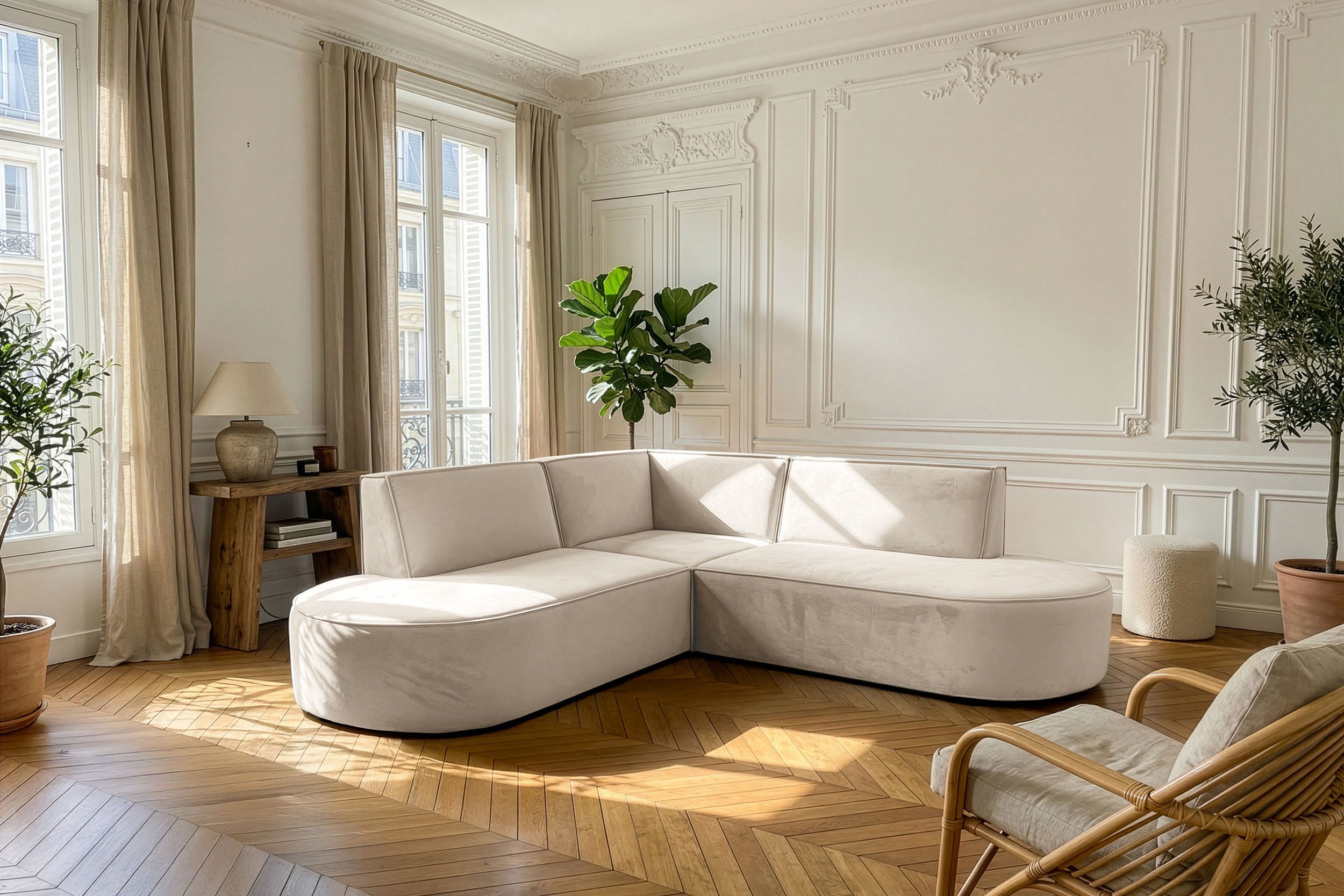 WFL GROUP Ecksofa Nora L-Form 3-Sitzer, Universell, Freistehend, im Loft-Stil, Skandi-Design 223 × 223 × 73 cm, Samt Velour Stoff inkl. passender Dekokissen