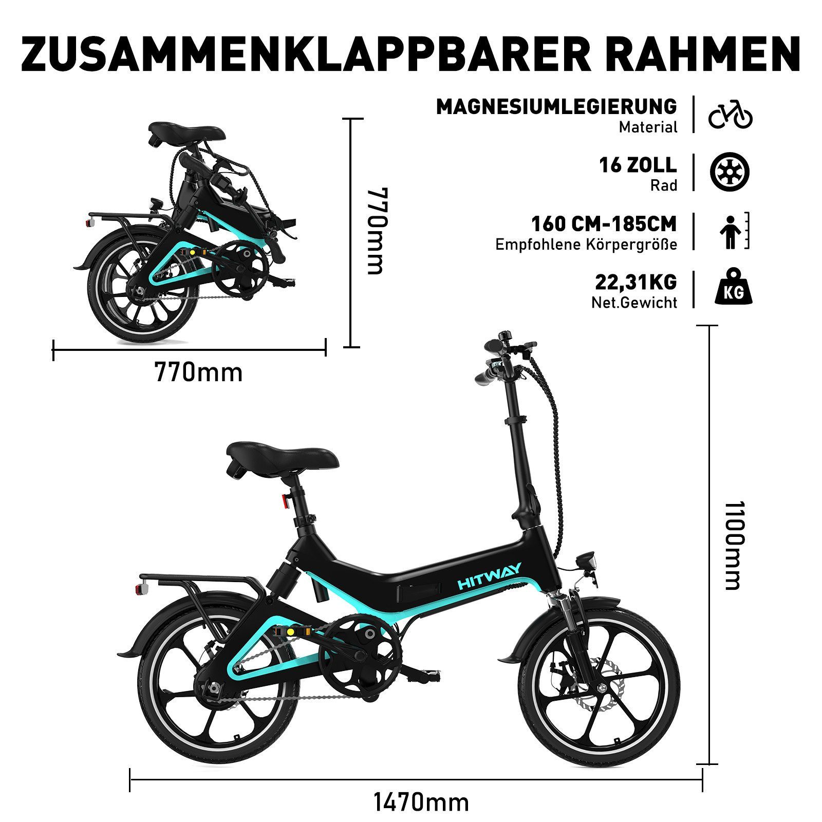 HITWAY E-Bike 16 inch Electric Bicycle Folding Bike for Women and Men with 36V 7.8Ah Battery, Rear Motor, 280.8 Wh