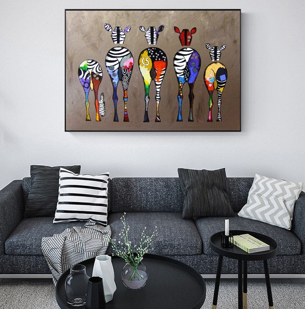 bunte (OHNE TPFLiving in Abstrakte Leinwand (Motiv Wandbild, verschiedenen - - Kunstdruck 20x30cm Farben: Leinwand RAHMEN) - Größen), Zebras bunt Größe: Poster