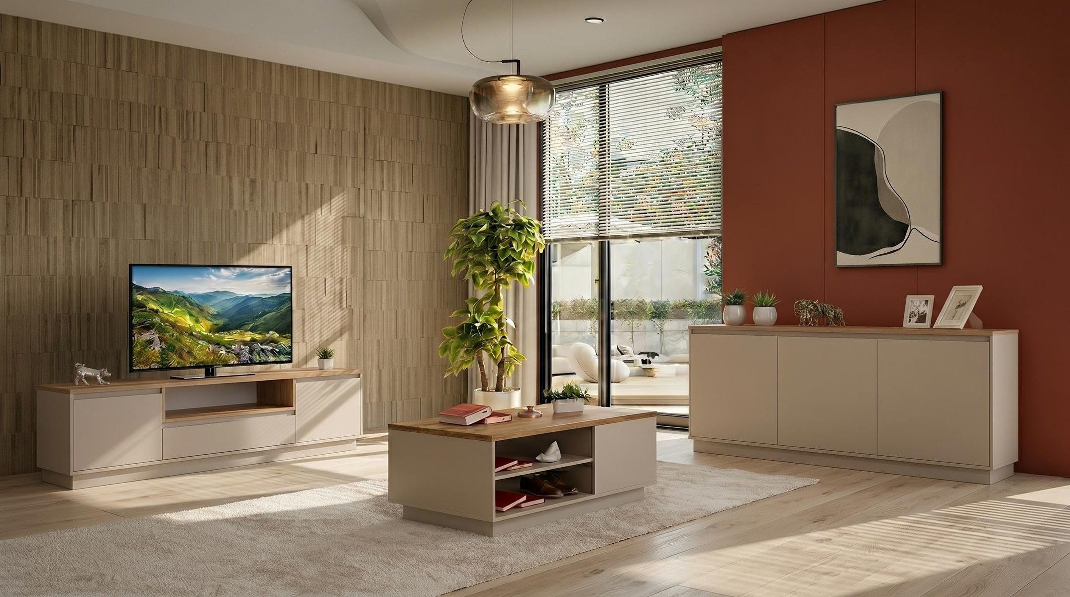 Xlmoebel Wohnzimmer-Set Beiges Wohnzimmer-Set TV-Schrank Couchtisch Konsole TV-Möbel, (3-St., 3-tlg)