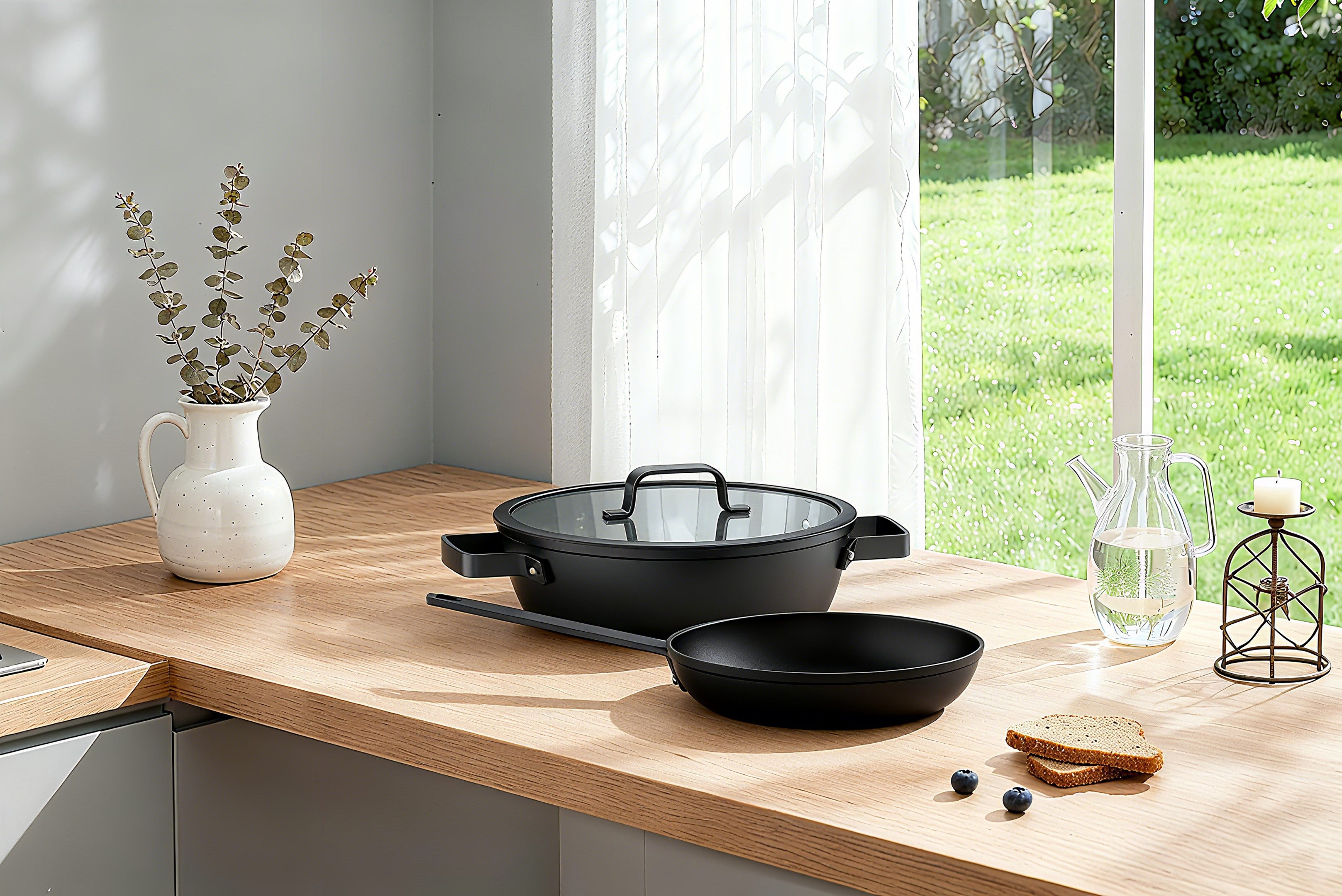 Hanseatic Pfannen-Set ALU PRO, Aluminium (Set, 3-tlg., 1x Pfanne 24 cm, 1x Servierpfanne 28 cm mit Deckel), Profi Pfannen mit Antihaftbeschichtung, für alle Herdarten, Induktion