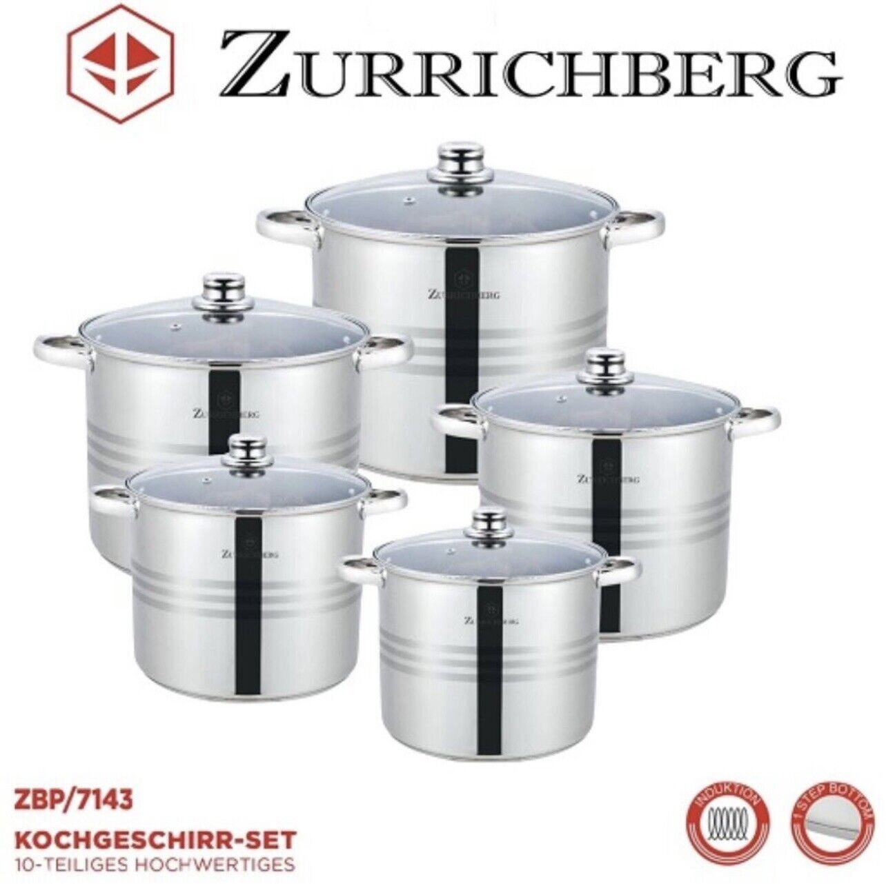 Royal Swiss Topf-Set, (10-tlg), 10-Teilig Kochtöpfe Induktion Edelstahl  Deckel Kochgeschirr