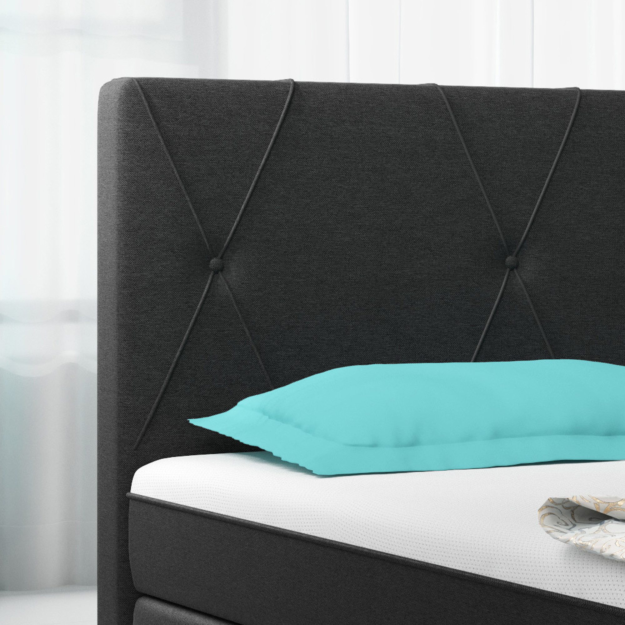 inter Boxspringbett Boston Plus Webstoff mit 7 Zonen Taschenfederkern und Topper-Optik (180x200 cm, Schwarz mit 7 Zonen Taschenfederkernmatratzen und Topper-Optik), Taschenfederkern-Komfort, gepolstertes Kopfteil, inklusive Matratzen