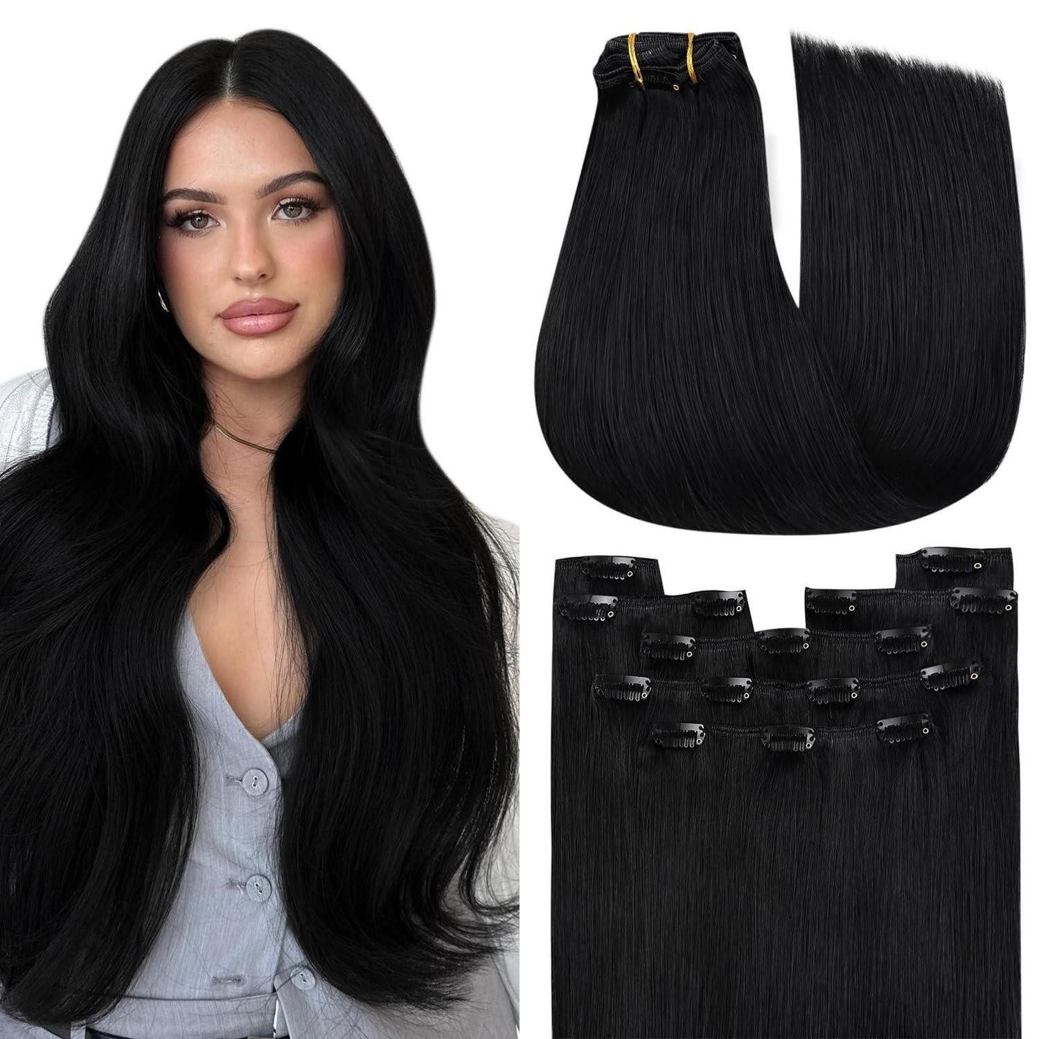 LuxusKollektion Echthaar-Extension Extensions Clipin Echthaar Schwarz 60 cm 150g 1-Clip-2-#1 60 cm-150g