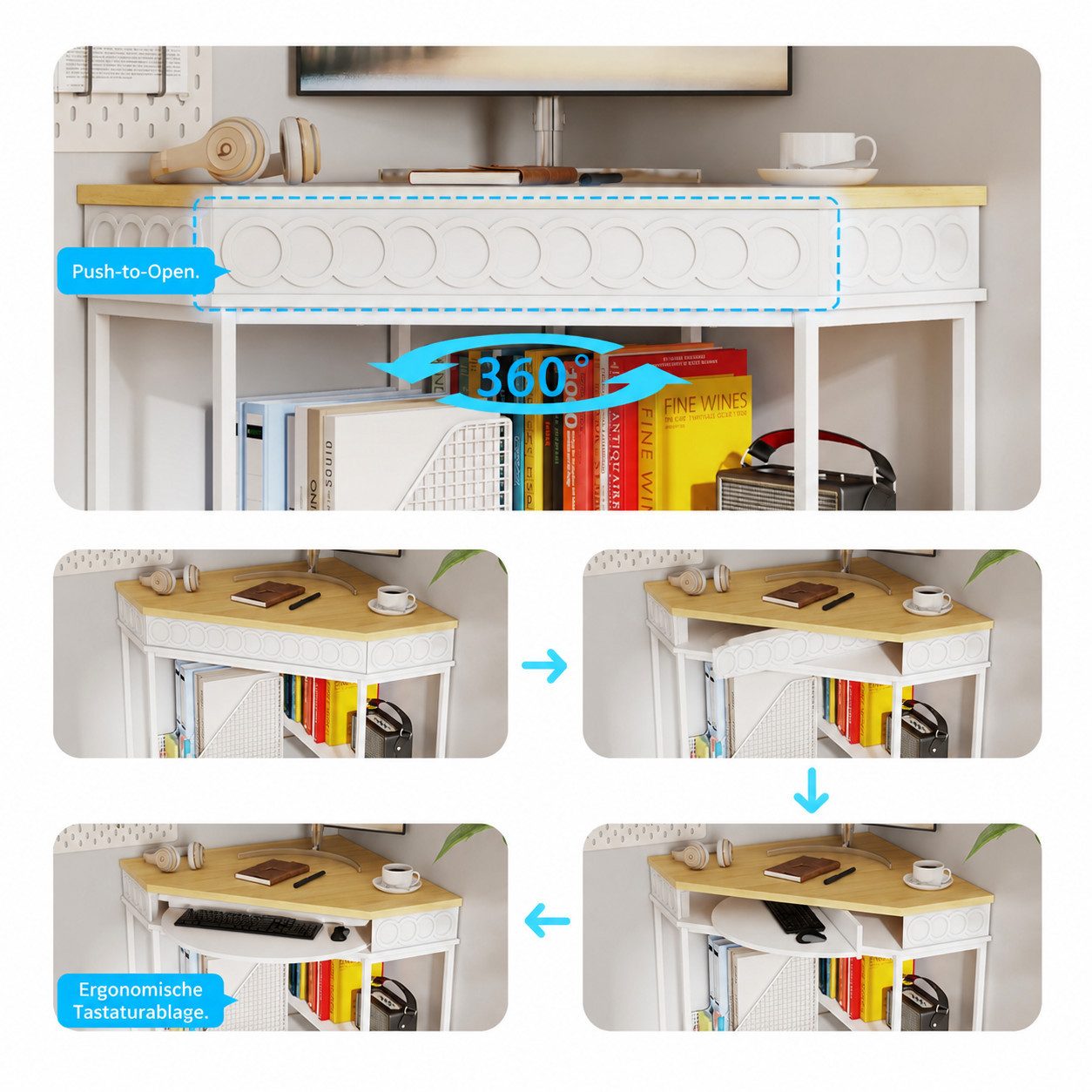 FUFU&GAGA Schreibtisch 80-160cm Computertisch Homeoffice, Weiß & Holz, LED – Bild 3 von 5