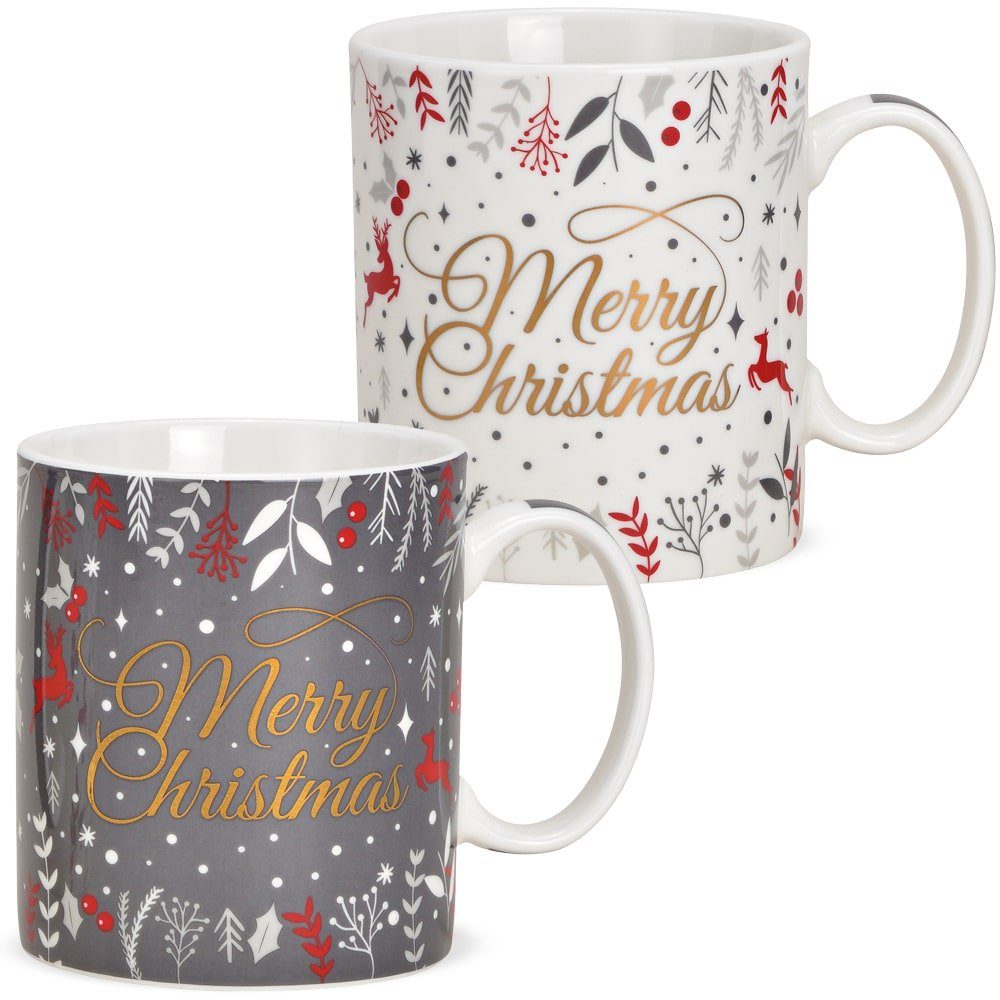 matches21 HOME & HOBBY Tasse Grosse Weihnachtstassen 2er Setmit Spruch Merry Christmas, Porzellan, Tee Kaffee-Becher, Weihnachten, modern, grau weiss bunt, 400 ml