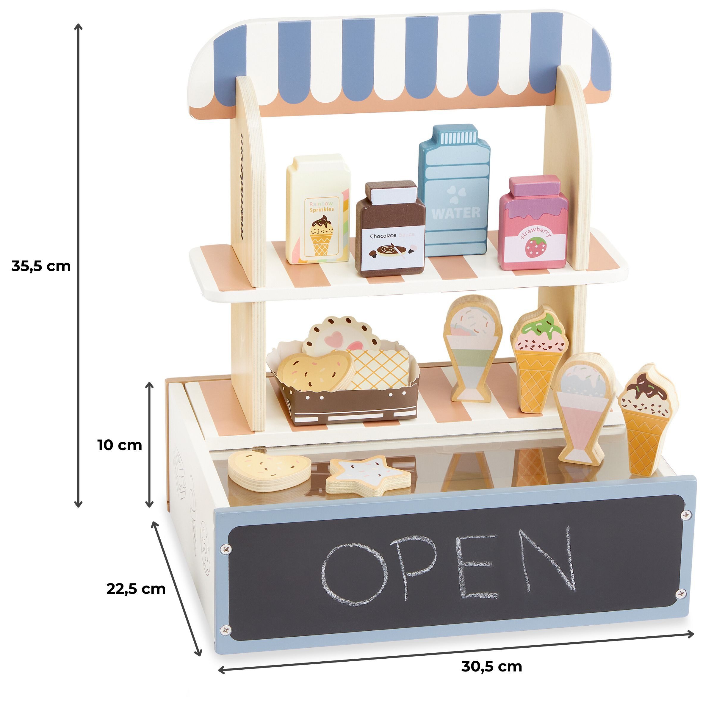 Mamabrum Spiel-Einkaufswagen Holzladen für Kinder, Faltbar, Café und Konditorei mit Zubehör im Set