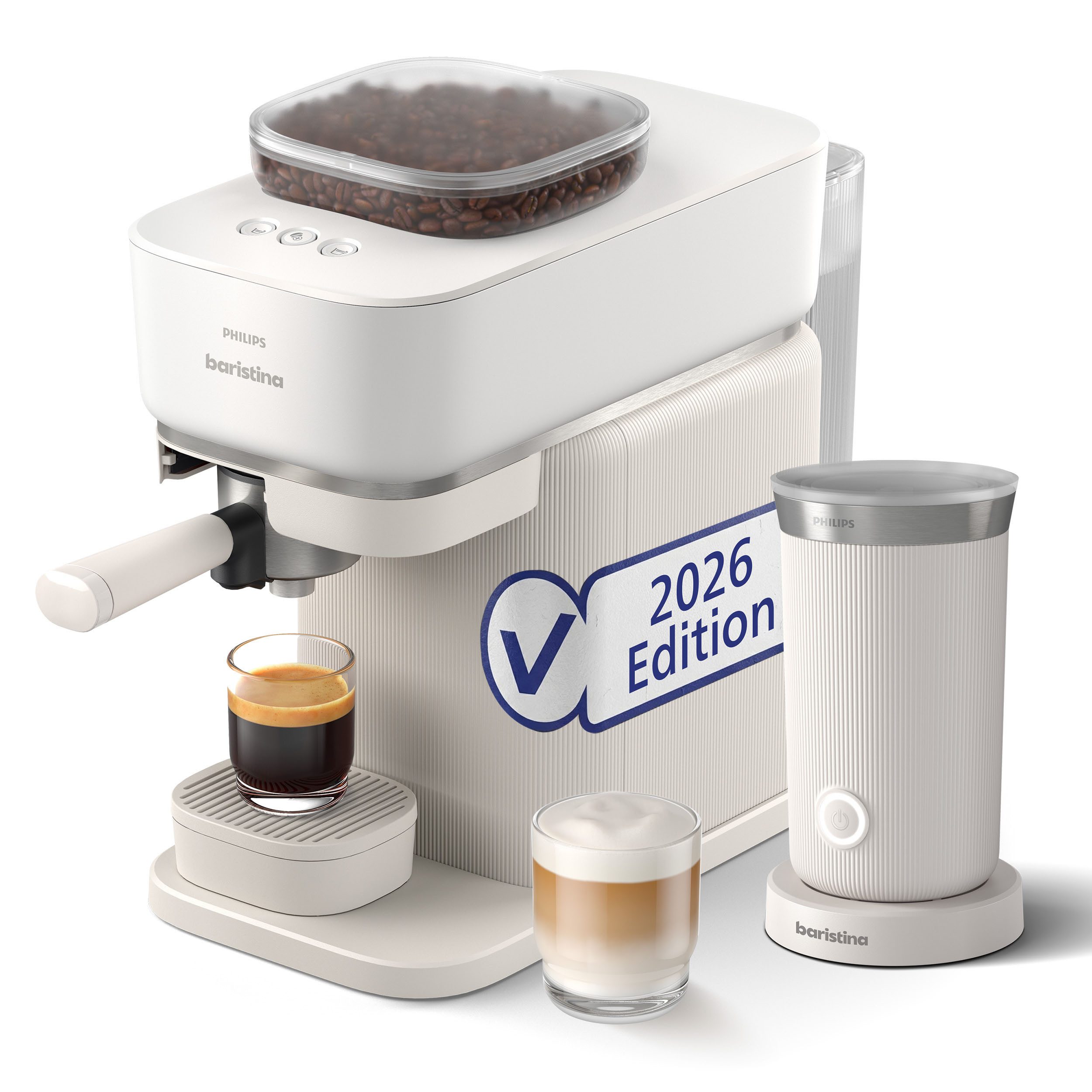 PHILIPS baristina Espressomaschine BAR308/00 mit Mahlwerk für ganze Bohnen, Milchaufschäumer inkl., 16 bar Pumpendruck, Naturweiß​