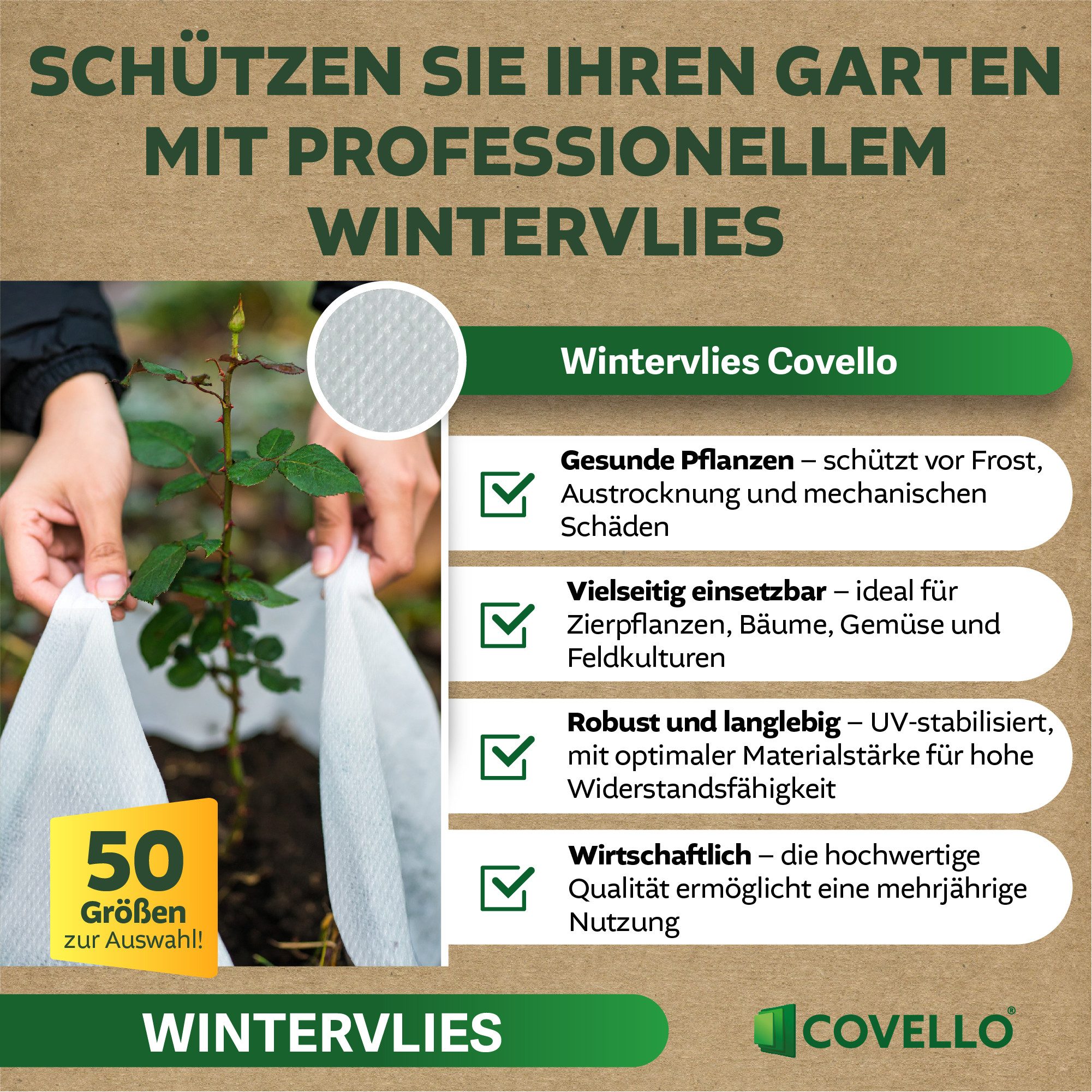 Covello Wintervlies Winterschutz für Pflanzen – Wintervlies 50g/m²- Frostschutz Pflanzen, Winterschutz für Kübelpflanzen – Reißfest & UV-stabil