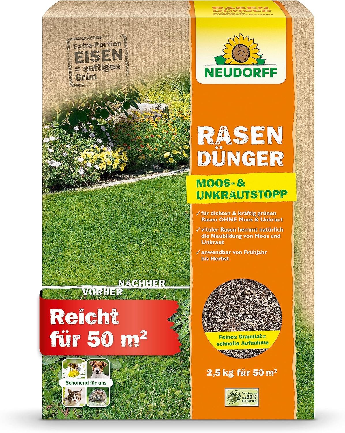 Neudorff Rasendünger RasenDünger Moos- & UnkrautStopp 2,5 kg, Granulat gleichmäßig auf feuchtem Rasen verteilen. Erste Bewässerung frühestens 24 Stunden nach der Ausbringung durchführen., Eisen und Kalium sorgt für dichten, grünen Rasen ohne Moos und Unkraut, auch für Rasenflächen geeignet, die mit Mährobotern gepflegt werden