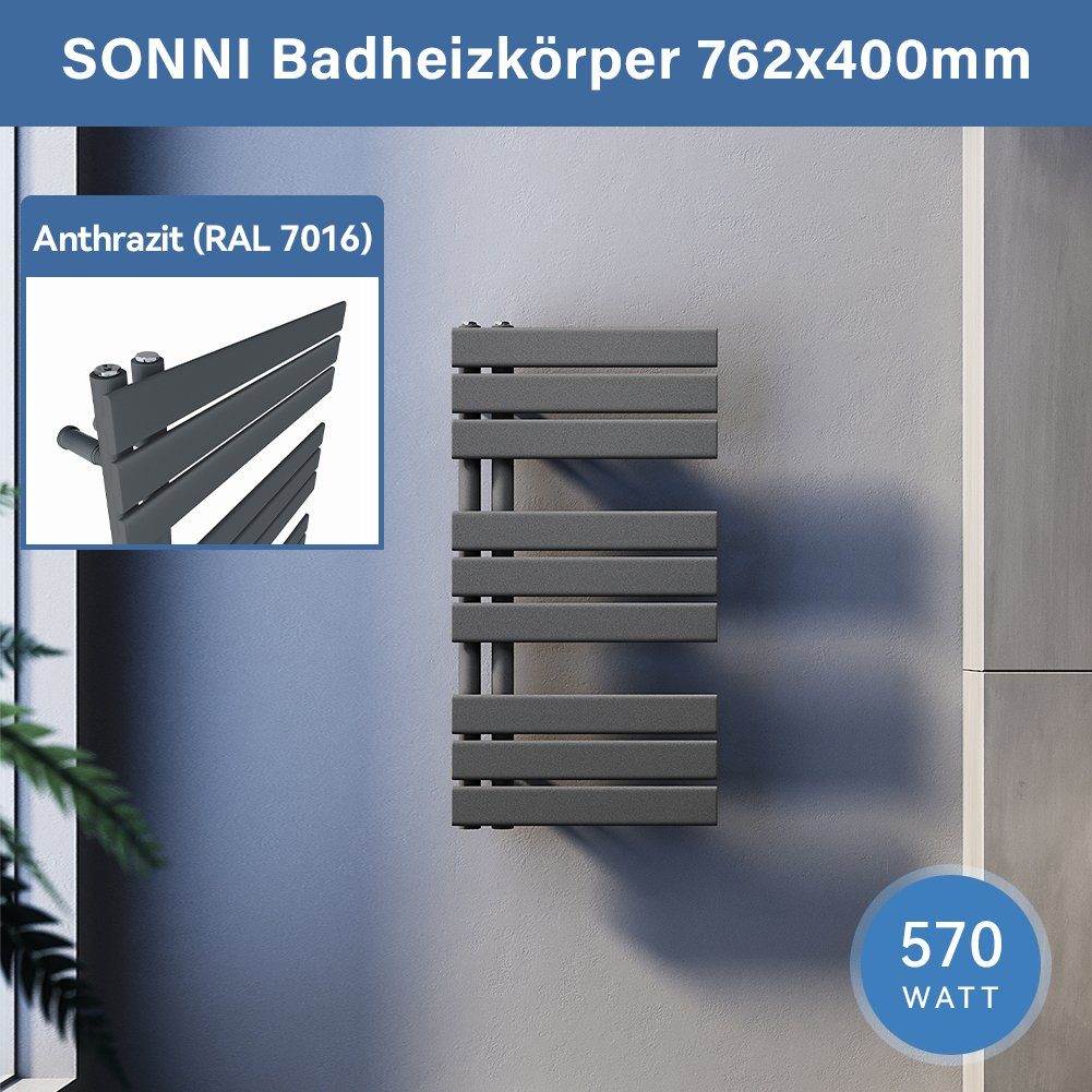 SONNI Designheizkörper Design Badheizkörper Anthrazit Handtuchtrockner Flach, Paneelheizkörper Design Mittelanschluss seitlich