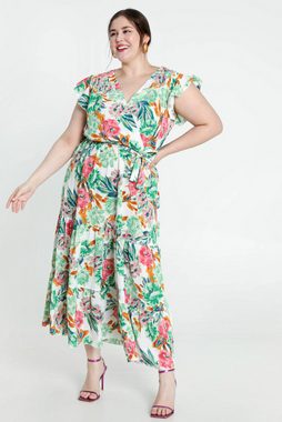 Paprika A-Linien-Kleid Langes Wickelkleid Mit Blumenmuster Und Volants (1-tlg)