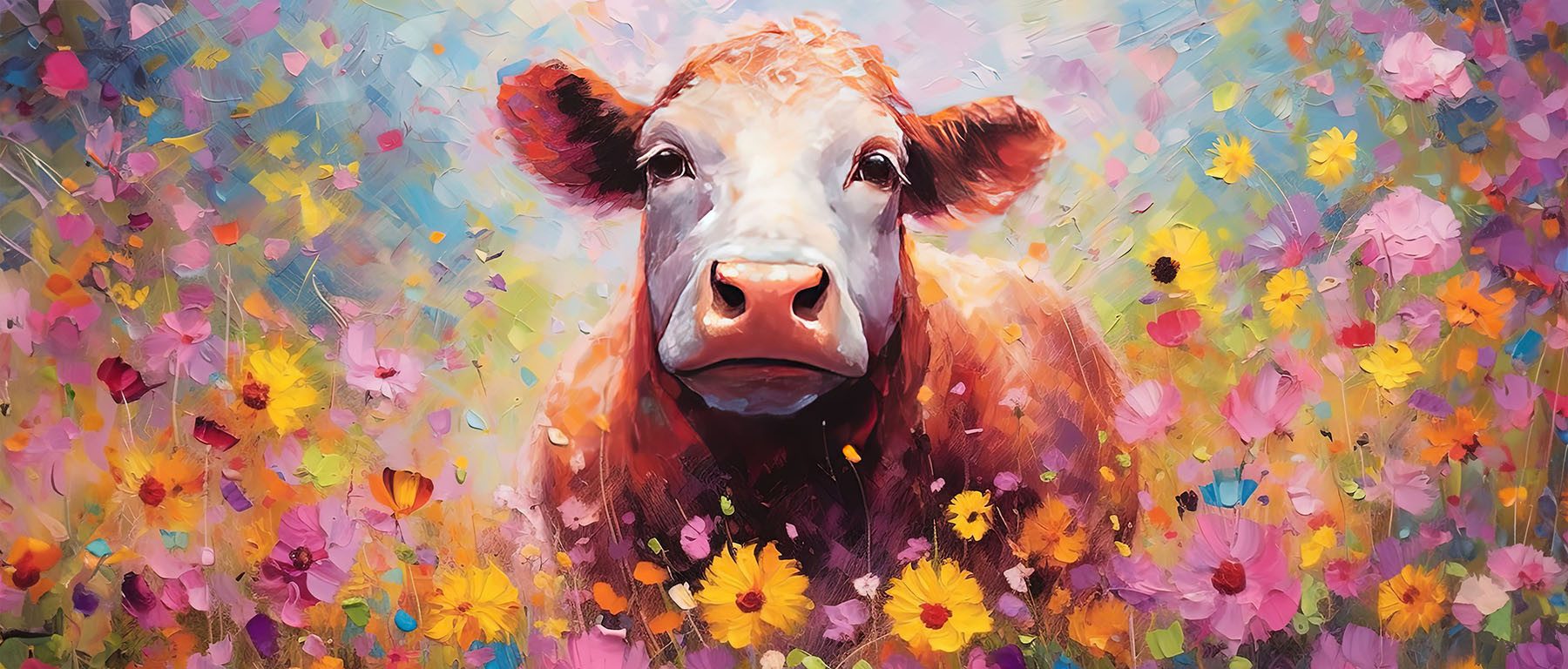 Bönninghoff Leinwandbild Wandbild BUNTE KUH 60x140 cm – Leinwandbild Keilrahmen Deko modern, Blumen, Kuh, Kühe (1 St), auf Keilrahmen gespannt