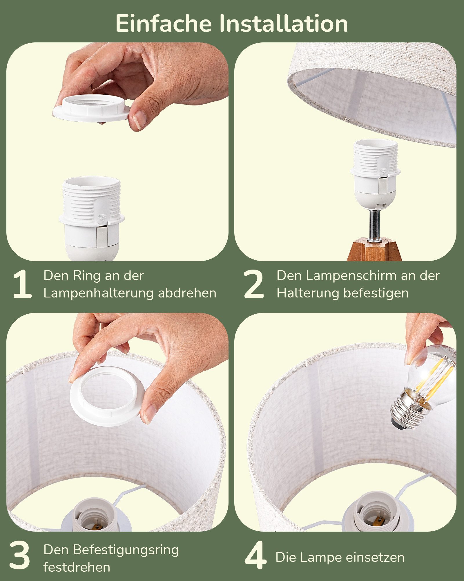 EDISHINE Nachttischlampe Vintage Tischlampe Holz mit Stoffschirm, inkl. Leuchtmittel, LED wechselbar, Warmweiß, Lampenschirm aus Leinen, für Deko, Schlafzimmer, – Bild 5 von 5