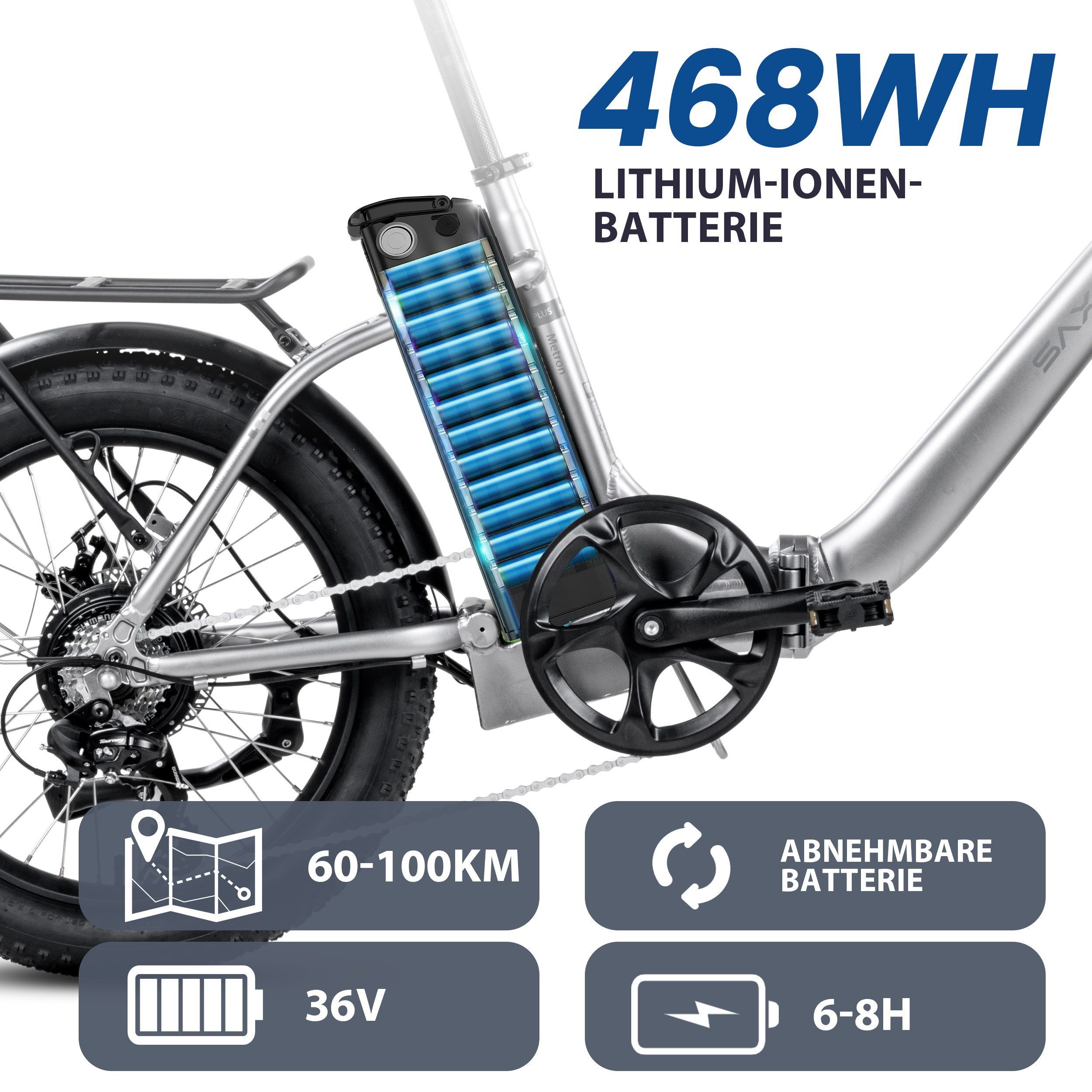 SAXXX E-Bike Klapprad 20x3'' für Damen und Herren, Elektrofahrrad, 468Wh, 100km, klappbar, 7 Gang SHIMANO, Kettenschaltung, Heckmotor, 468 Wh, (mit Gepäckträger, 95 % ormontiert, mit entnehmbarem Akku), RH: 33cm, E-Faltrad bis zu 130kg, Pedelec E-Citybike mit Tiefeinstieg