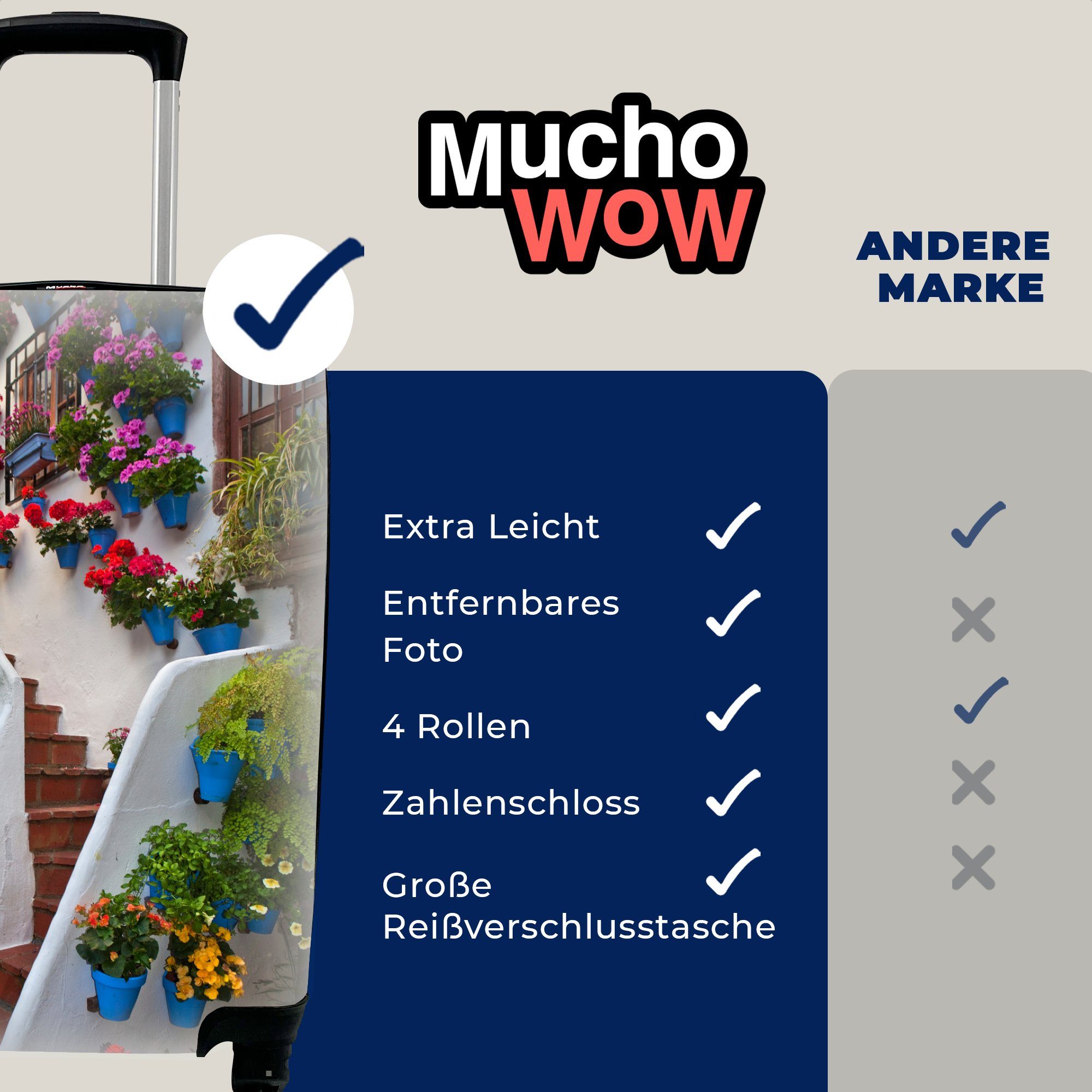 4 Handgepäckkoffer für MuchoWow Rollen, Handgepäck mit rollen, Blumen Cordoba, in Reisetasche Mit Ferien, Spanien, Treppe Reisekoffer Trolley, geschmückte