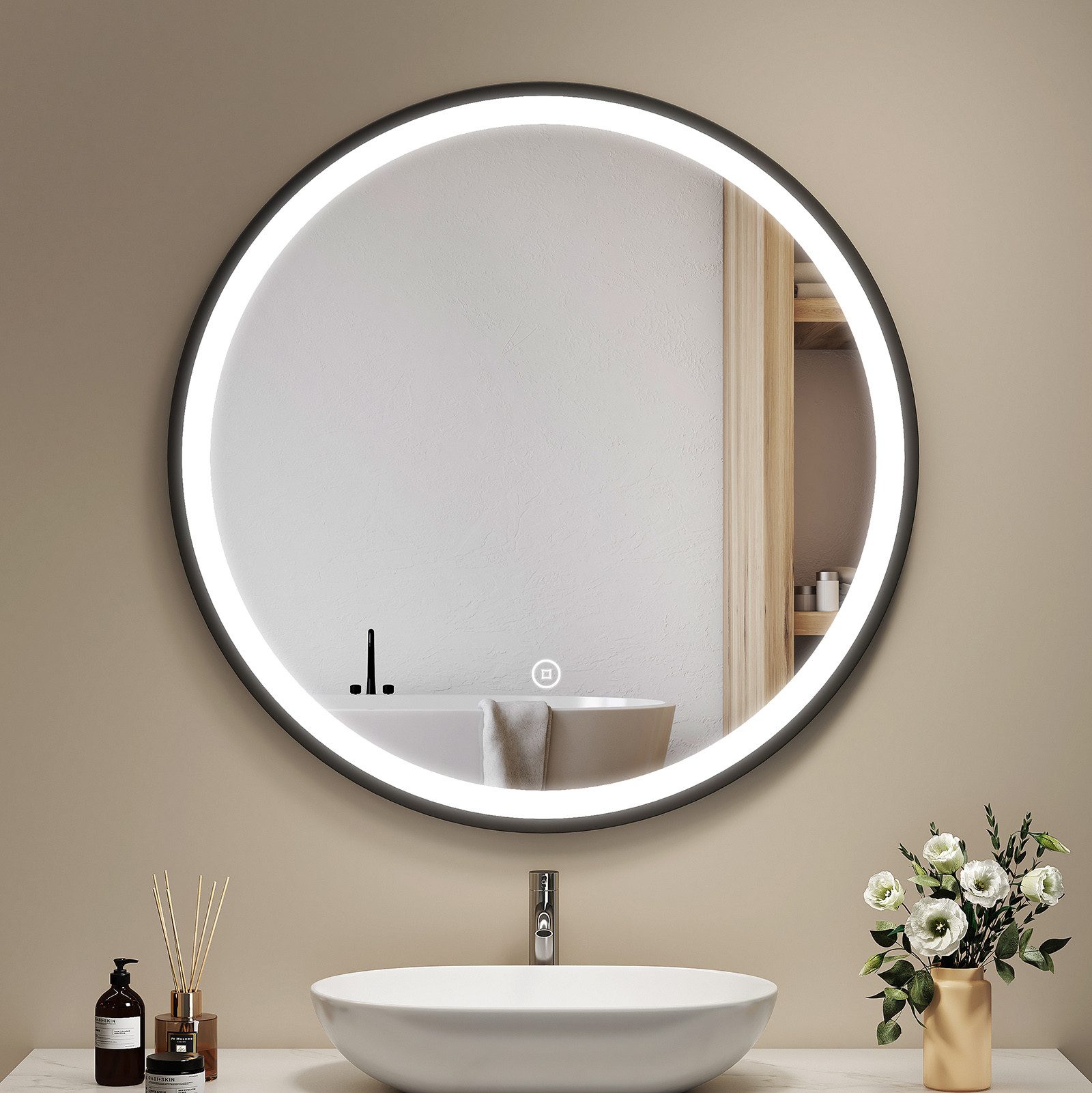 EMKE Badspiegel mit Beleuchtung Rund Badezimmerspiegel schwarzem Rahmen (50-80cm, Touchschalter), Dimmbar Warmweißes/Kaltweißes/Neutrales Licht, IP44
