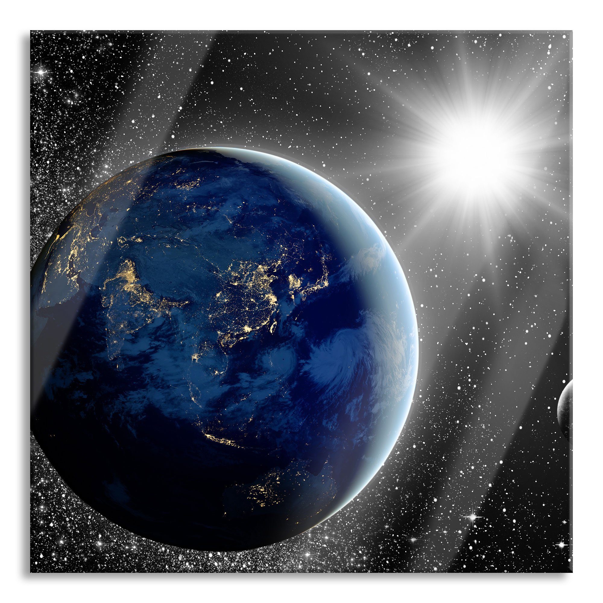 Glasbild Erde mit Sonne im Weltall