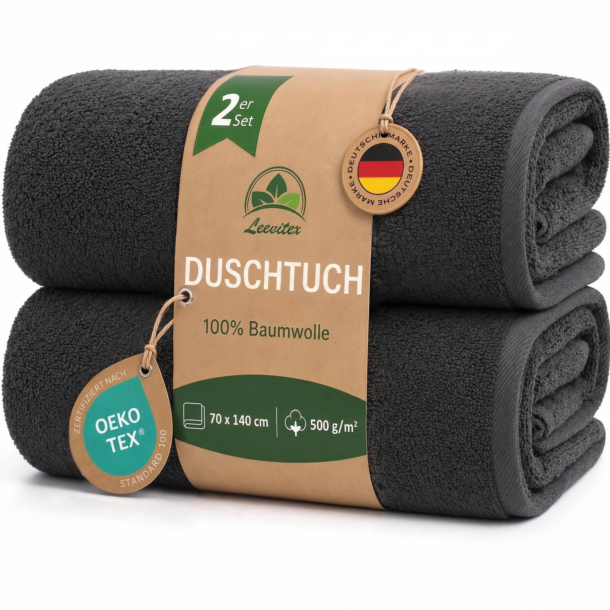 leevitex® Duschtücher 2er-Set, 70x140 cm, 100% Baumwolle, saugstark und fusselfrei, Frottee (Set, 2-St), OEKO-TEX® STANDARD 100 zertifiziert, gestreifte Bordüre