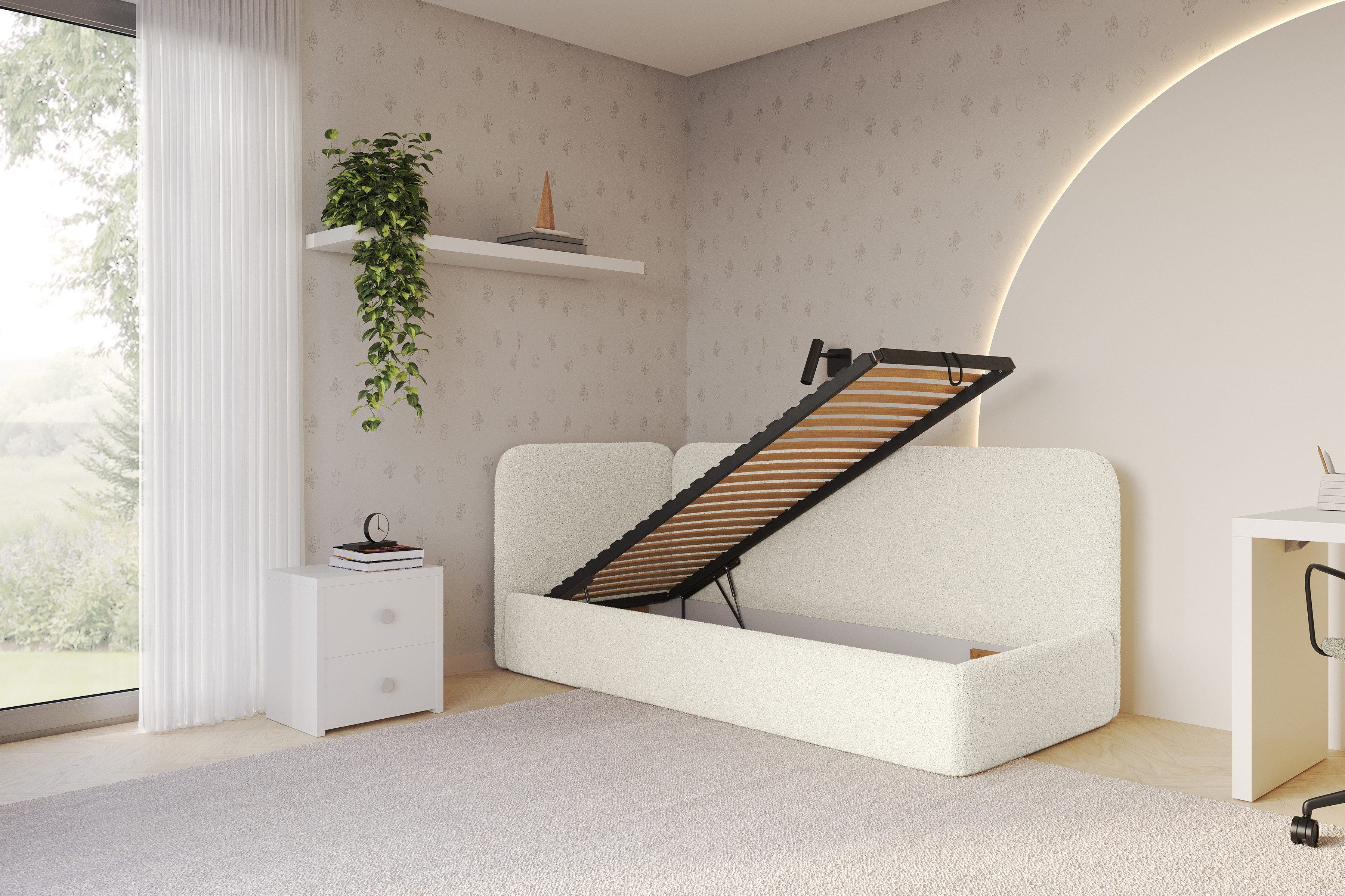 ALTDECOR Jugendbett ELSY (Jugendbett mit Bettkasten und Lattenrost, Polsterbett ohne Matratze), Einzelbett mit Stauraum, Bett mit Kopfteil