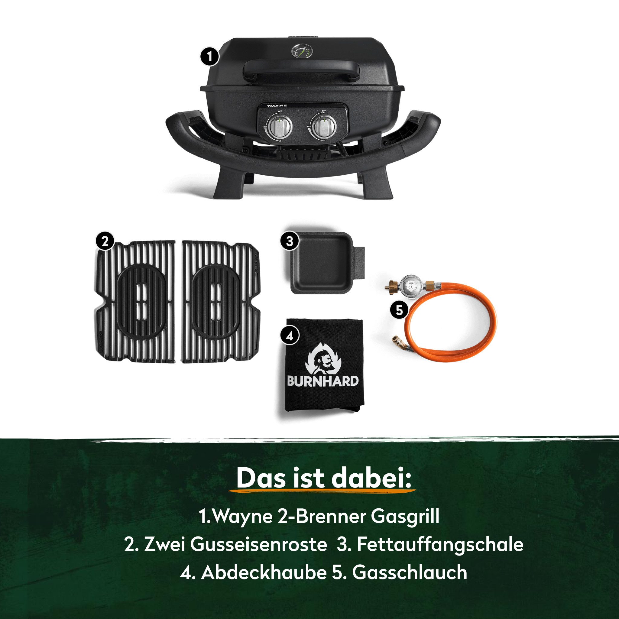 BURNHARD® Gasgrill 2-Brenner WAYNE 4,4 kW, Tragbarer Balkongrill, Tischklein mit Aludruckguss Brennkammer inkl. Abdeckhaube, Gusseisen Grillrost, #944219