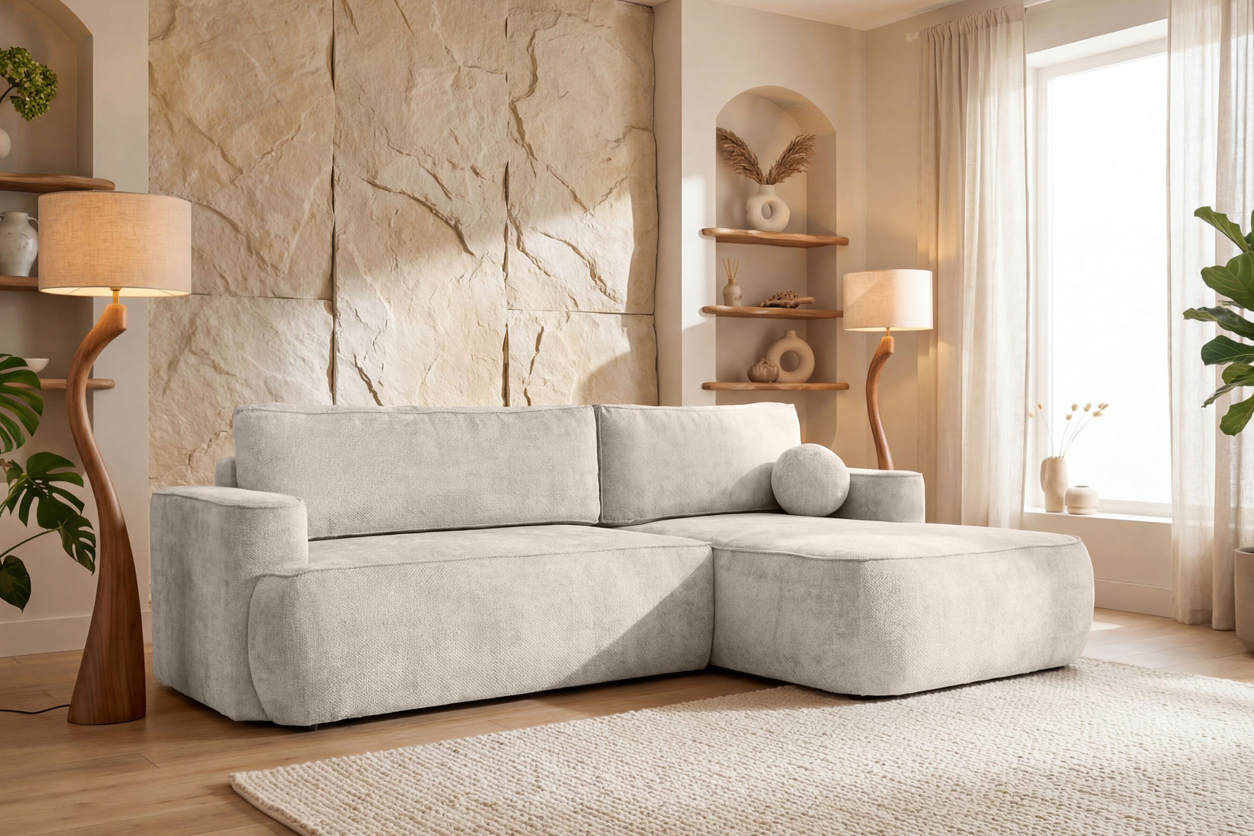 WFL GROUP Ecksofa Marion 4-Sitzer in L-Form mit Schlaffunktion & Stauraum, MADE IN EU, Rechts, Schlaffläche 220 x 140 cm, inkl. Dekokissen und Rückenkissen in Chenille-Stoff