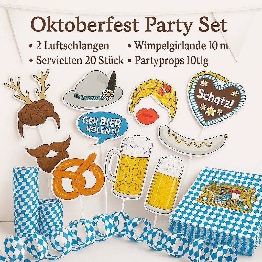 Fries Hängedekoration Oktoberfest Deko Set – Bayern Partyset mit Wimpelkette & Zubehör (1 St), Alles für Ihre perfekte Wiesn-Party