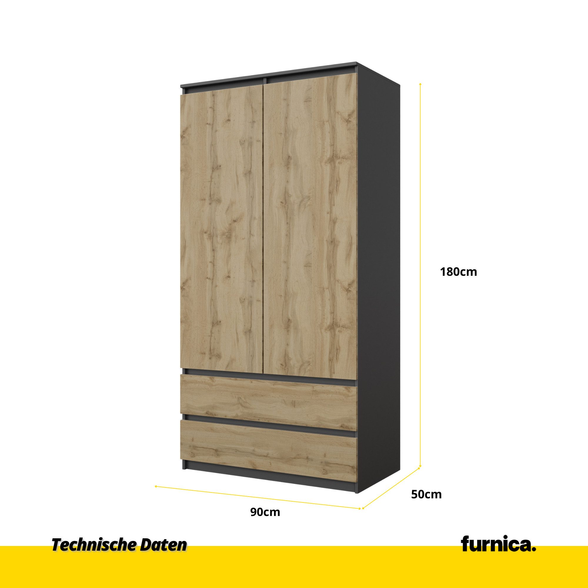 Furnica Kleiderschrank Garderobenschrank, 2 Türen und 2 Schubladen H180 x B90 x T50cm – Bild 4 von 5
