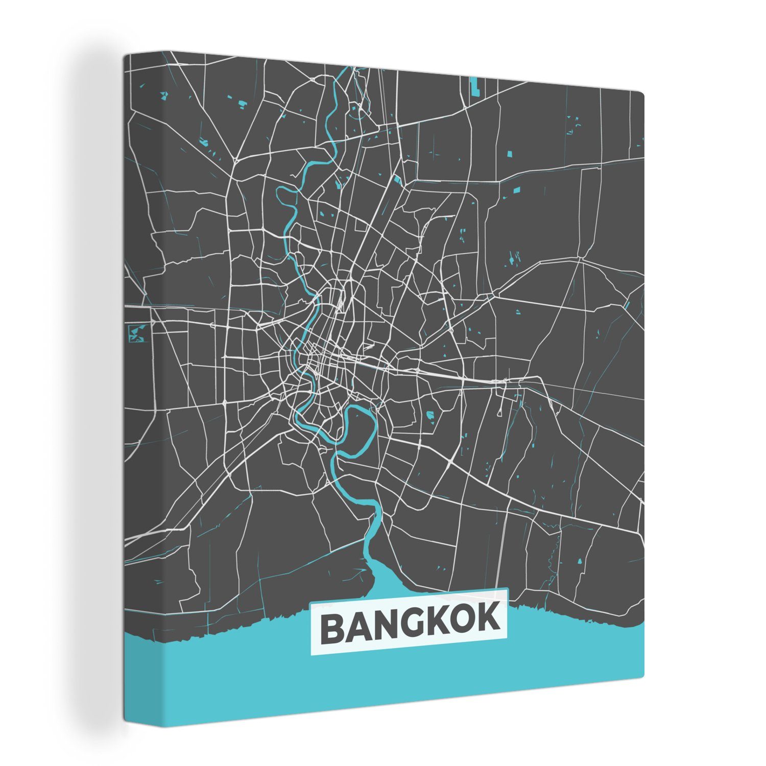 OneMillionCanvasses® Leinwandbild Bangkok - Blau - Karte - Stadtplan, (1 St), Leinwand Bilder für Wohnzimmer Schlafzimmer