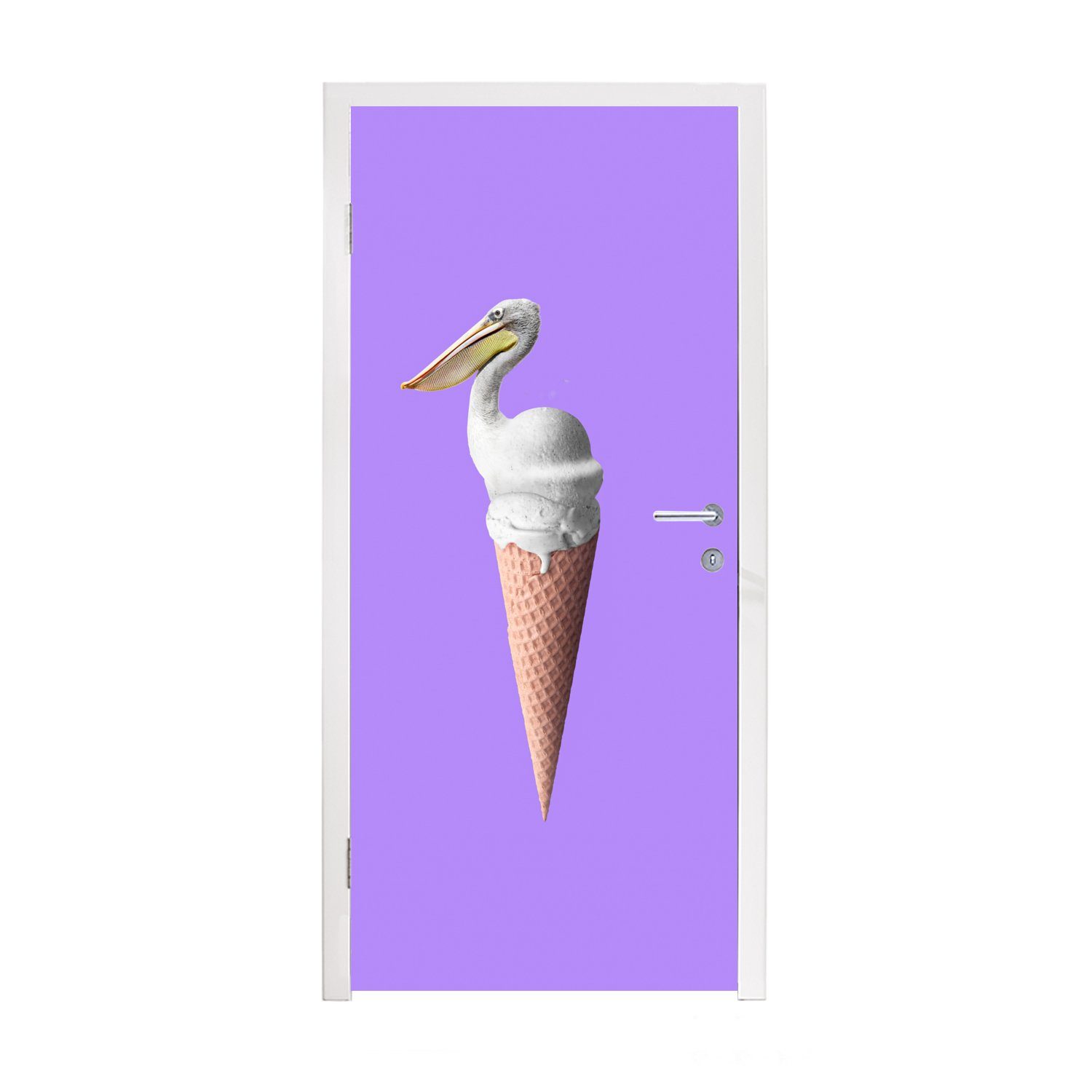 MuchoWow Türtapete Eis - Vogel - Pelikan - Weiß - Eiswaffel, Matt, bedruckt, (1 St), Fototapete für Tür, Türaufkleber, 75x205 cm