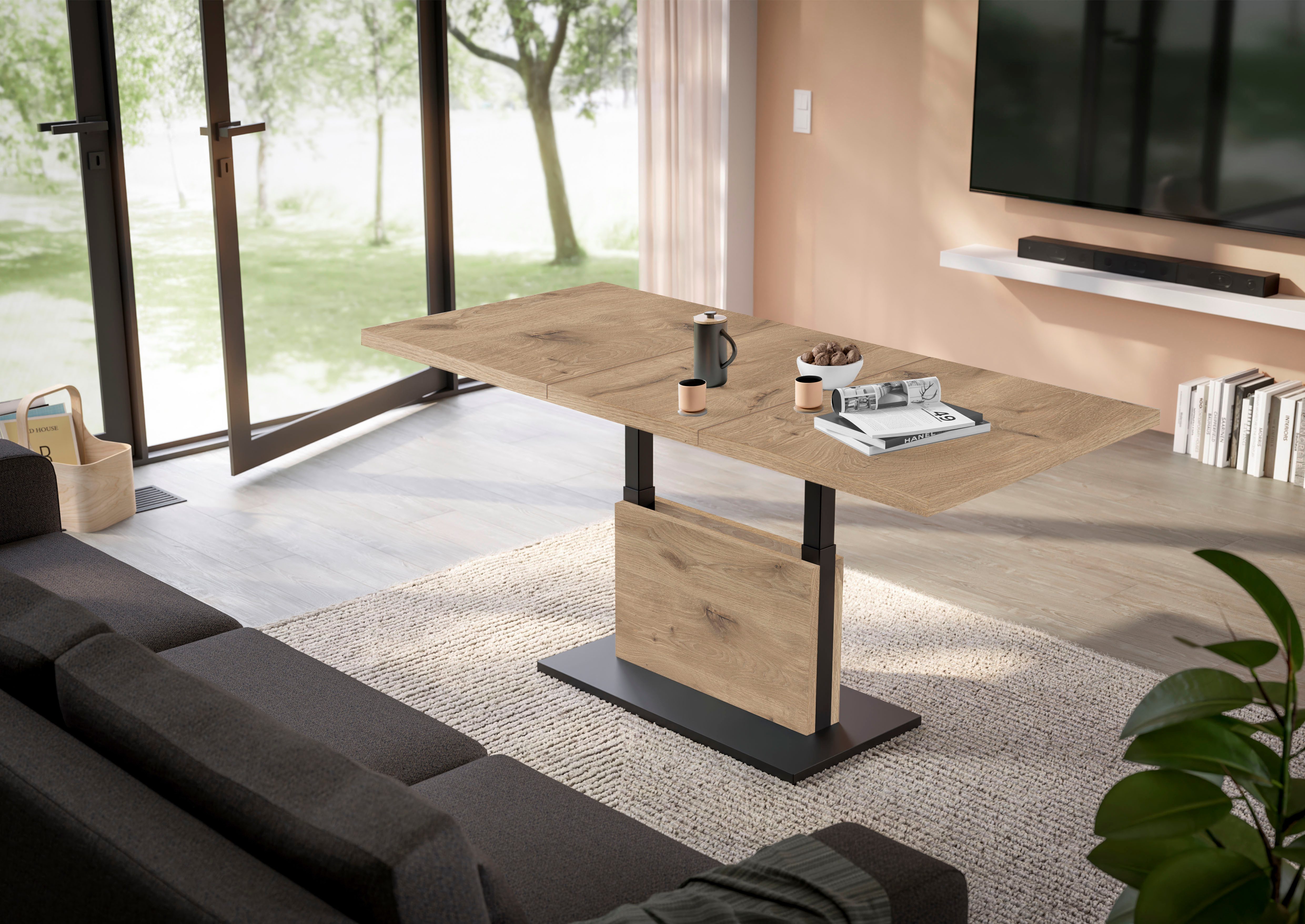 Mäusbacher Couchtisch Lift Couchtisch, höhenverstellbar 56-75cm, Breite Tischplatte 120-160cm, Metallgestell