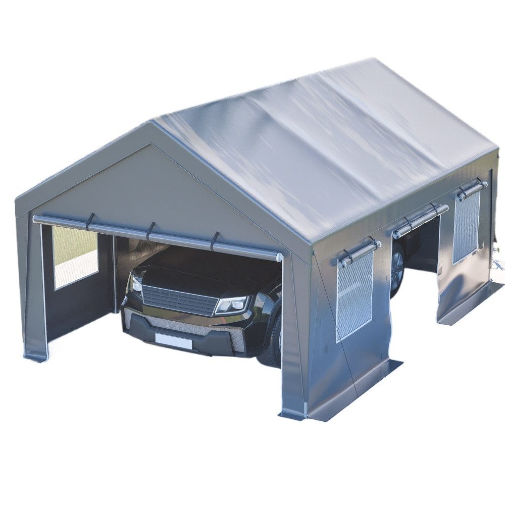 BBWL Einzelcarport mit verzinktem Stahlrahmen, UV-Schutz, Rolltoren und Fenstern, BxT: 396x611 cm, Allwetter Zeltgarage 6x4x3 m mit wasserdichter PE-Plane