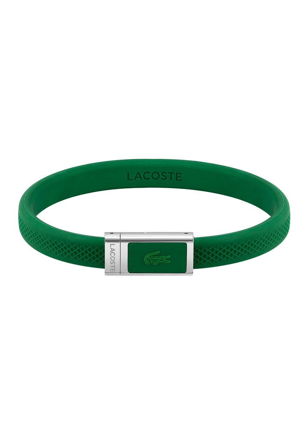 Lacoste LACOSTE, Silikonarmband Krokodil Shirt, Lacoste Armband zu Sneaker! Polo, Hoodie, mit Edelstahl Schmuck - Jacke, grün-edelstahlfarben Jeans,