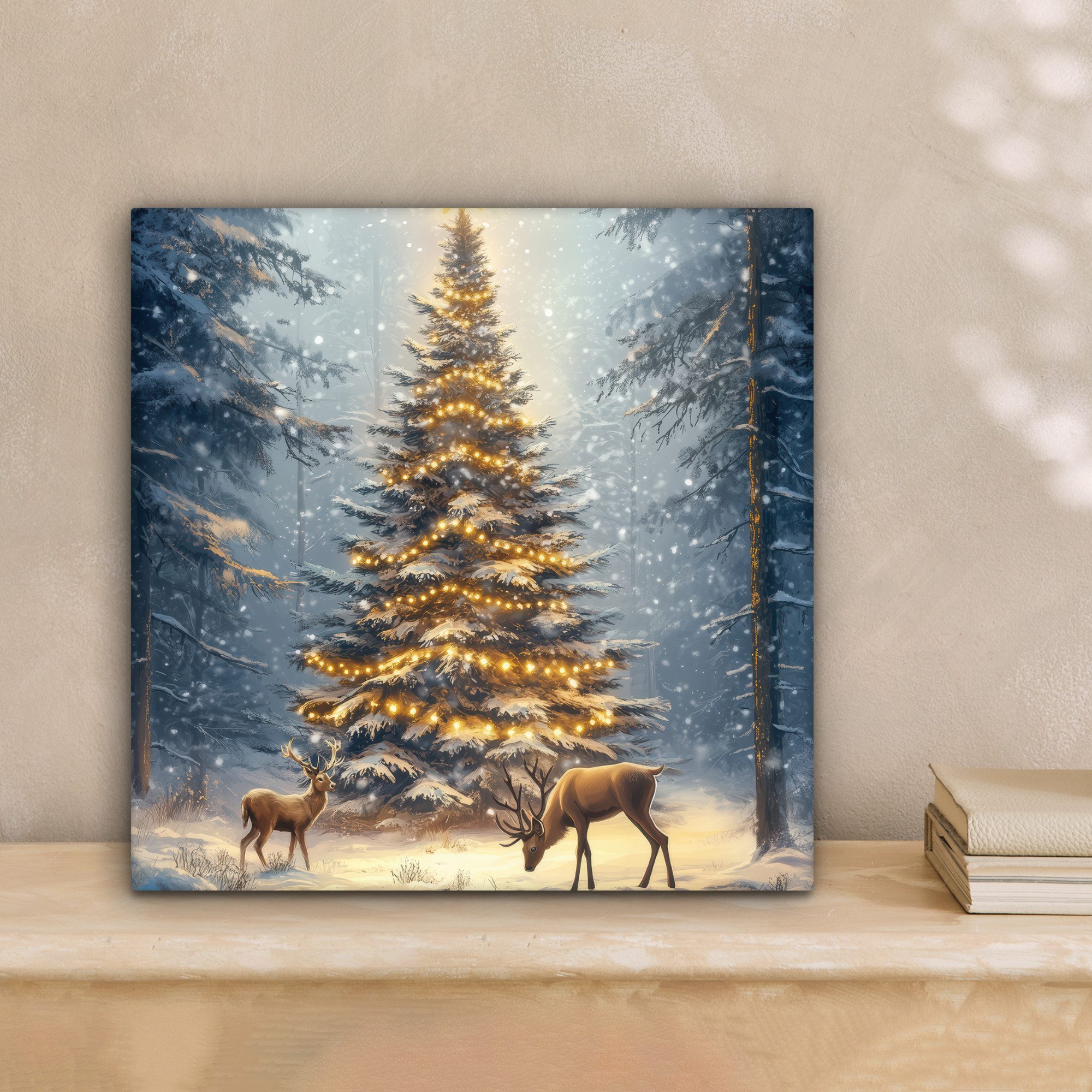 OneMillionCanvasses® Leinwandbild Weihnachtsbeleuchtung - Wald - Hirsche - Dunkelheit, Fotodruck (1 St), Wandbild, Deko Schlafzimmer Wohnzimmer Flur 20x20 cm