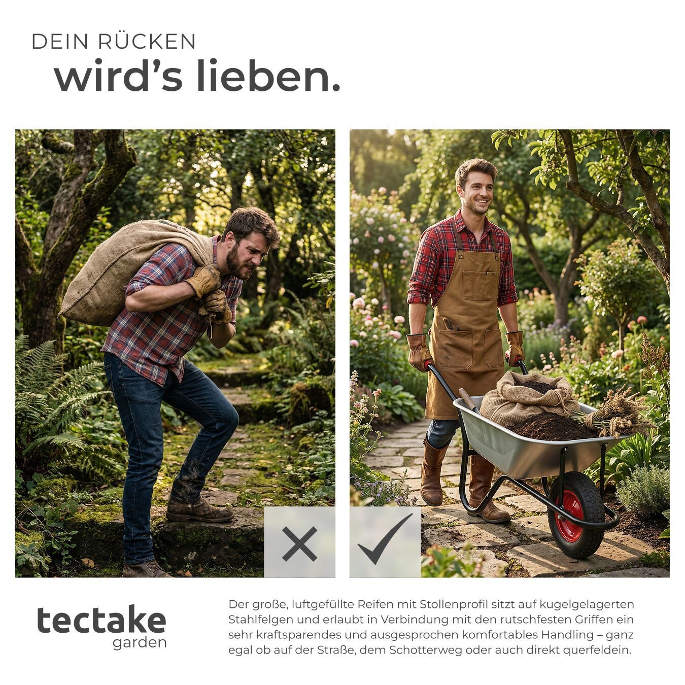 tectake Schubkarre Gartenkarre Oskar - Verzinkte Wanne mit 100L Volumen, (Einzelartikel, 1 St), Trägt bis zu 250 kg dank robustem Stahlrahmen und Verstärkung