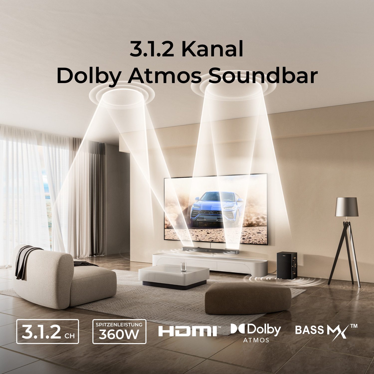 Ultimea Skywave F30 Boom Soundbar 3.1.2 Dolby Atmos (HDMI, 360 W, Kraftvolle Soundbar mit Subwoofer, Bluetooth 5.4 & App-Steuerung)