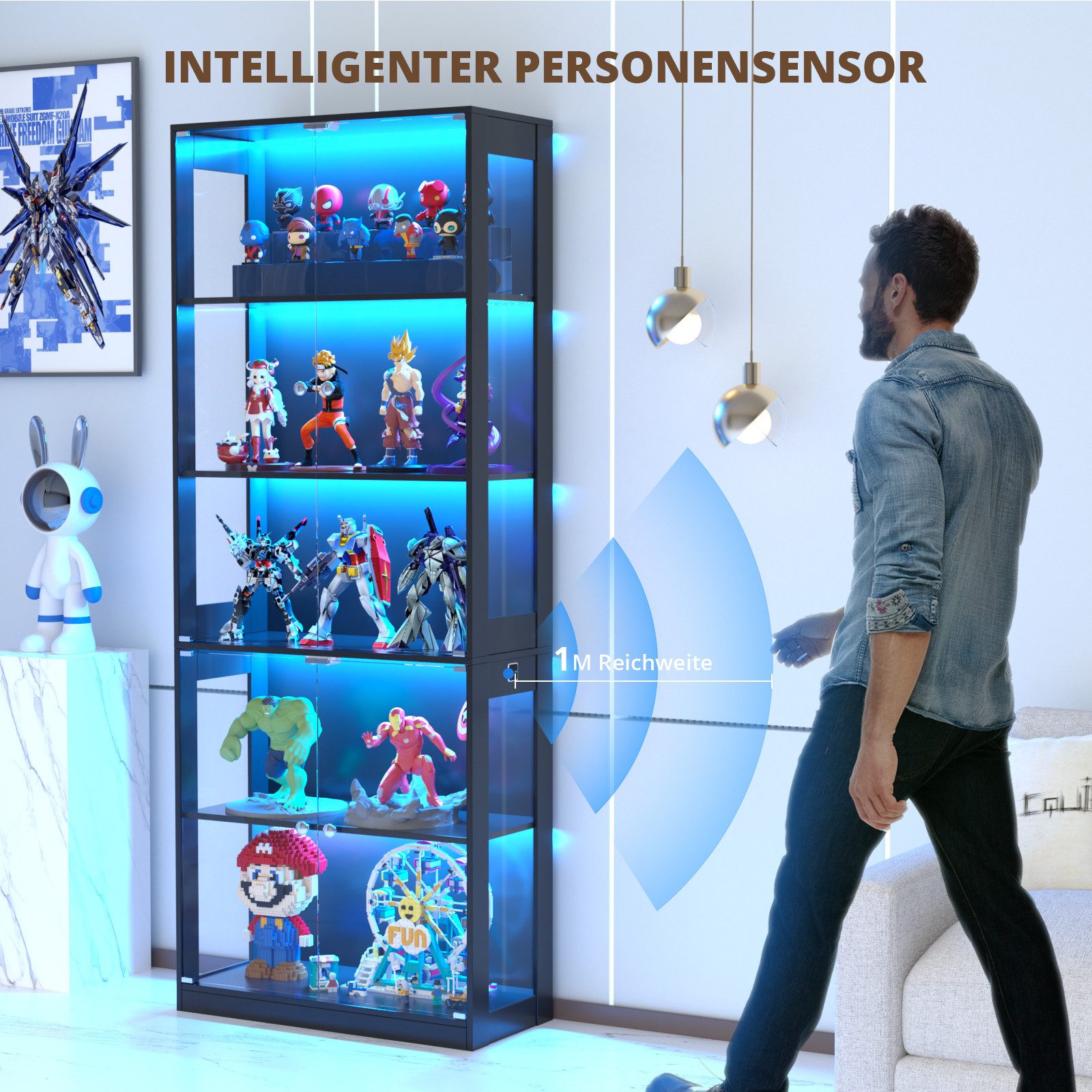 VOWNER Glasvitrine mit 3-Farben-LED - Bewegungssensor (1-St) 5 übereinanderliegende Regale, 80x204x35 cm – Bild 5 von 5