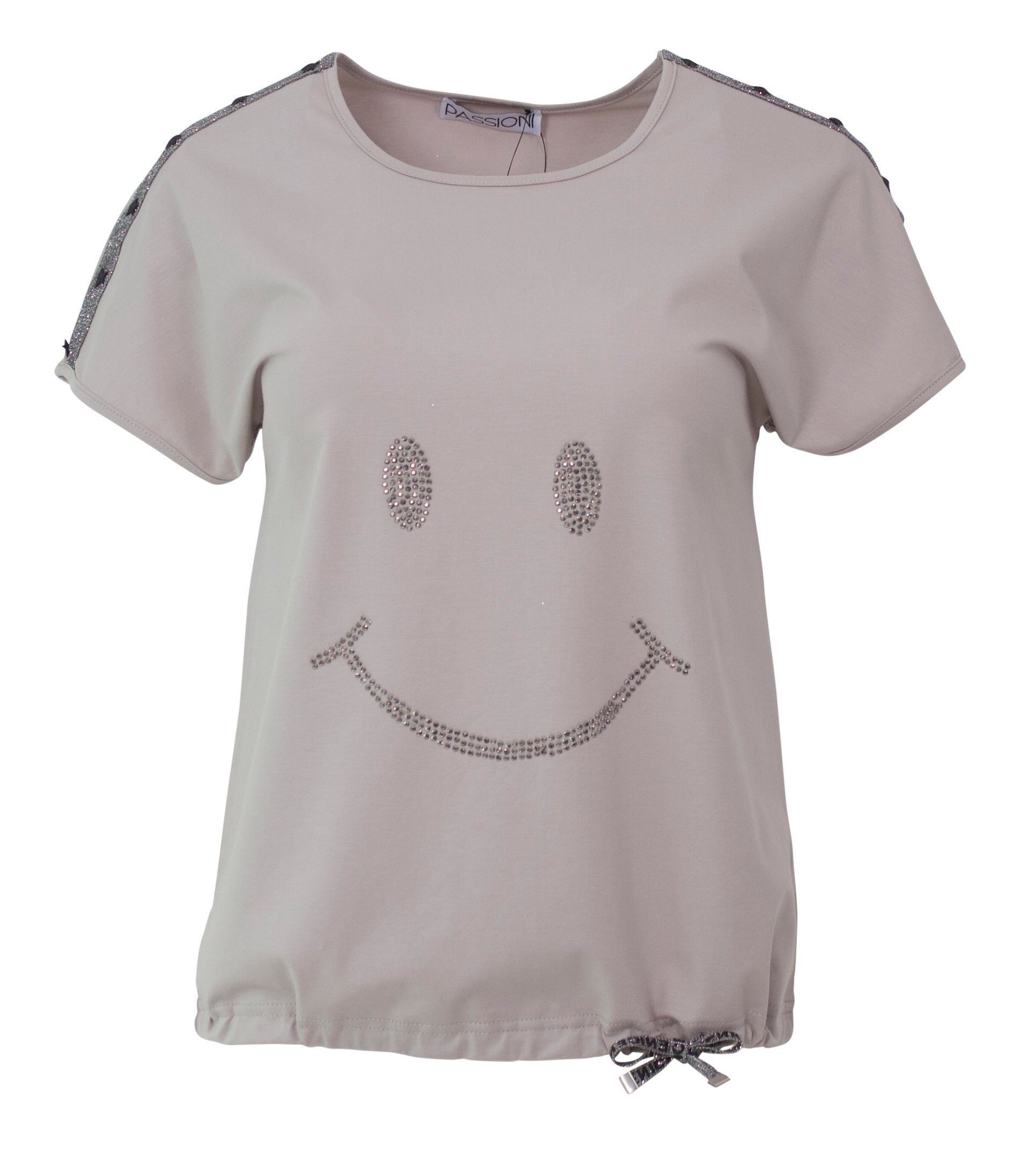 Passioni T-Shirt mit dezentem Strass-Smiley-Muster, Ärmeldetails und Kordel günstig online kaufen
