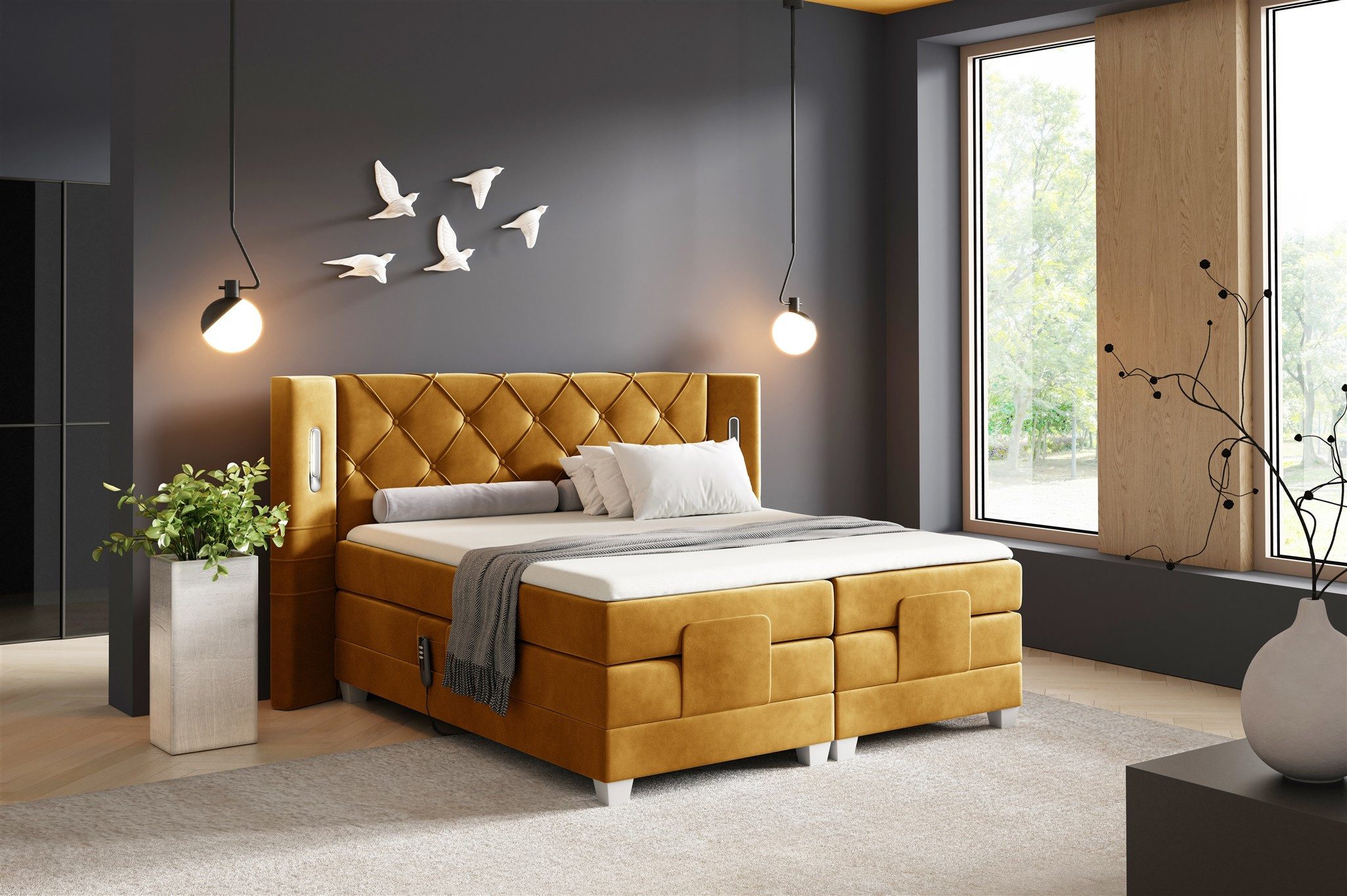 Fun Möbel Boxspringbett Schlafzimmerbett STEVE Elektrisch in Stoff Fresh, Fuß- und Kopfteil elektrisch verstellbar, Ambientebeleuchtung