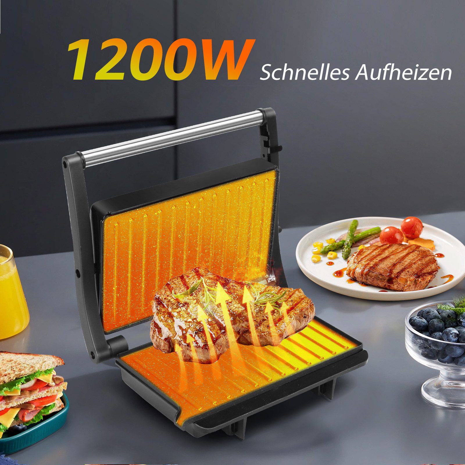 Aigostar Paninigrill Kontaktgrill für Sandwiches Steak mit Antihaftbeschichtet 180º Öffnung, 1000,00 W, Gleichmäßige Erwärmung, Leicht zu lagern, Leicht zu Reinigen