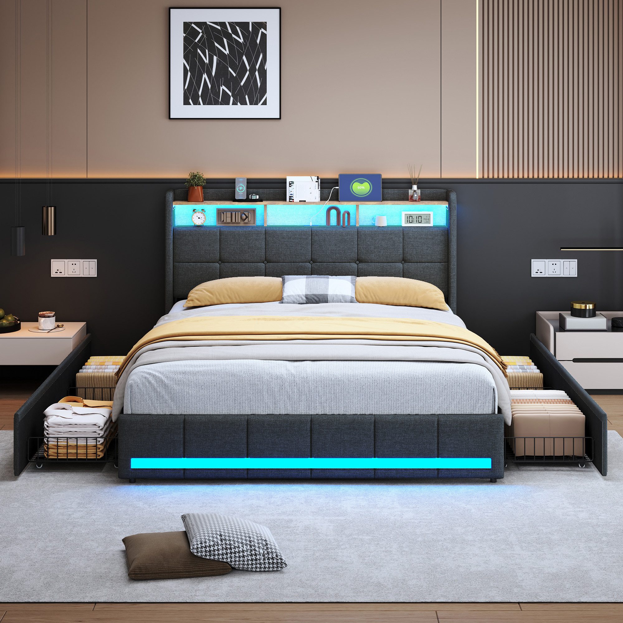 PXloue Funktionsbett Polsterbett Doppelbett, mit USB-Laden und Stauraum am günstig online kaufen