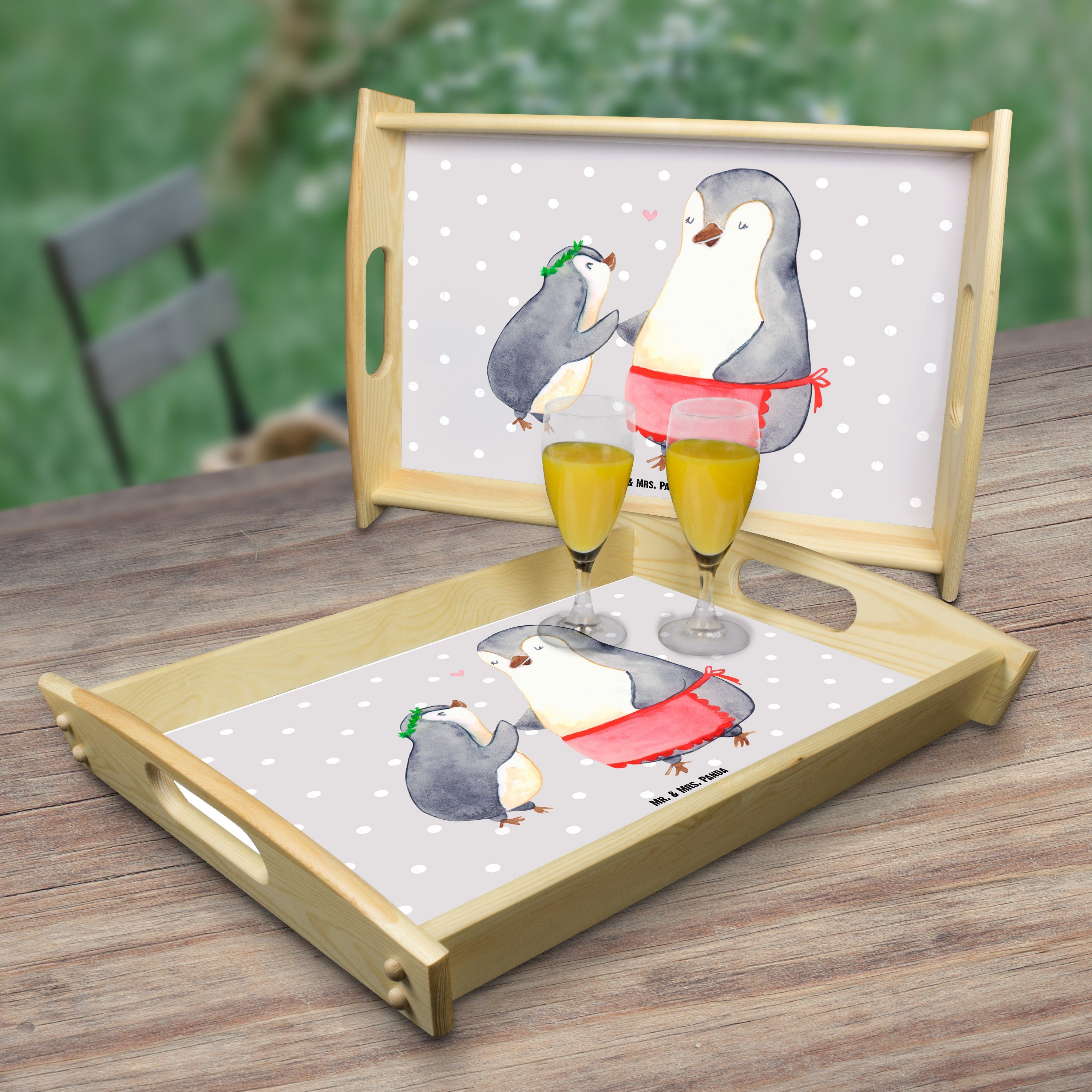 Mr. & Tablett mit Pastell Panda (1-tlg) Kind - lasiert, Dekotablett, Geschenk, Echtholz Mrs. Tablett, - Grau Pinguin Küc