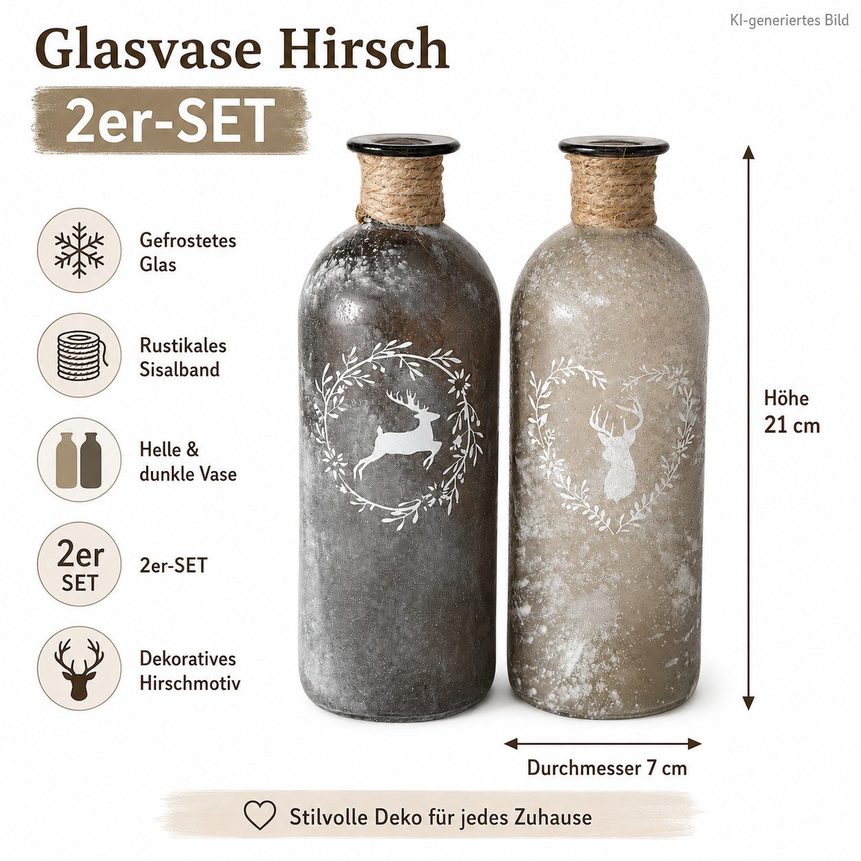 ReWu Dekovase Glasvase 2er-SET Hirsch Motiv - 7 x 21 cm (2er-SET)