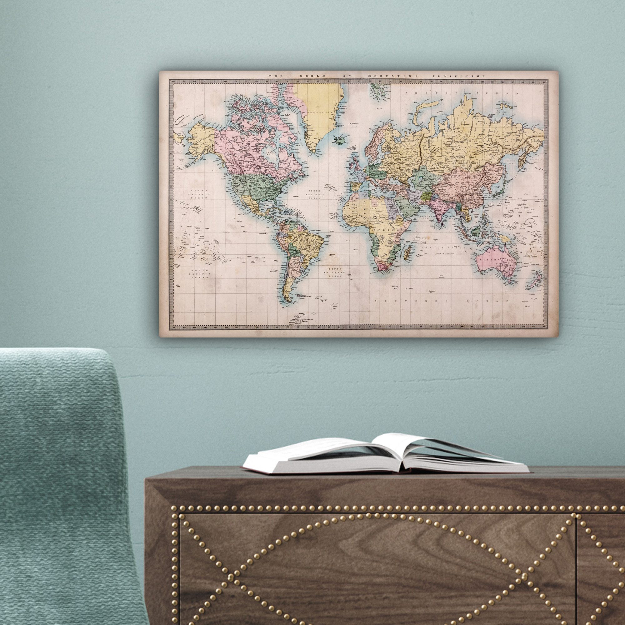 OneMillionCanvasses® Leinwandbild Weltkarte - Retro - Farben, Fotodruck (1 St), Leinwand Bilder Klein, Wand Dekoration Aesthetic 30x20 cm – Bild 5 von 5