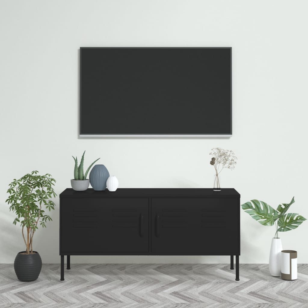 furnicato TV-Schrank 105x35x50 cm Schwarz Stahl mit 2 Türen und Regalboden (1-St) Lowboard mit Kabeldurchführungen, Nivellierern und Stellfüßen