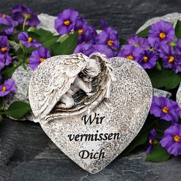 BigDean Gartenfigur Grabschmuck Herz in grau mit Engel Trauerstein