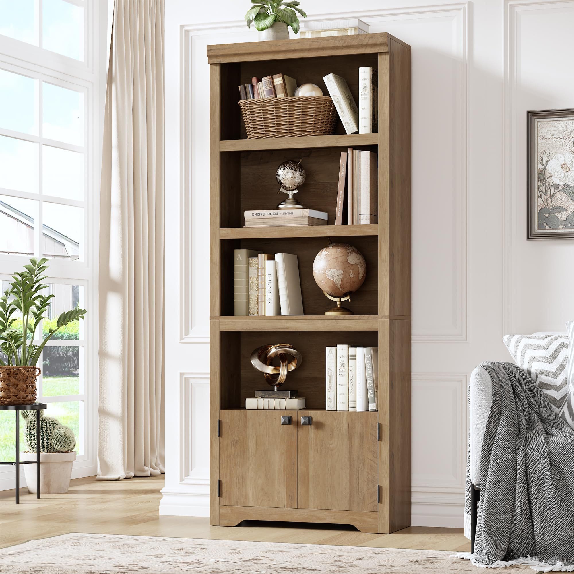 GarveeMore Bücherregal 5-stöckiger Bücherschrank mit 2 Türen, verstellbare Einlegeböden, wasserdichte Oberfläche, multifunktionales Standregal mit Kippschutz