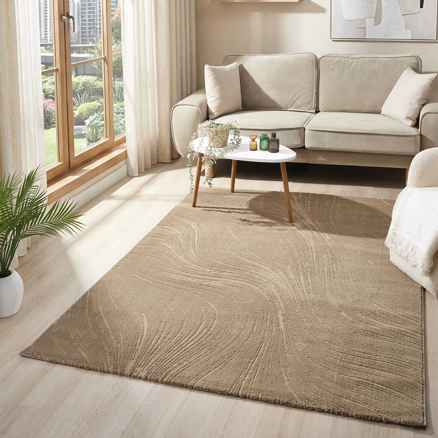 Vimoda Teppich Boho Design Unifarbe Hoch-Tief-Effekt, Rechteckig, Höhe: 6 mm, Teppich 3D Hoch-Tief-Effekt Modern für Esszimmer, Flur & Schlafzimmer