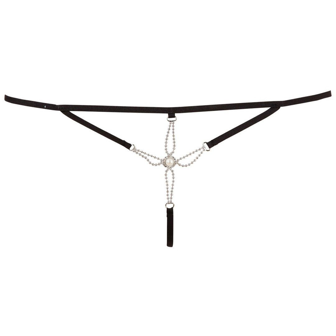 Cottelli Collection String-Ouvert Ouvert Tanga mit Ketten und Perle - schwarz/silber (1-St) Mit Perlenverzierung über der offenen Scham